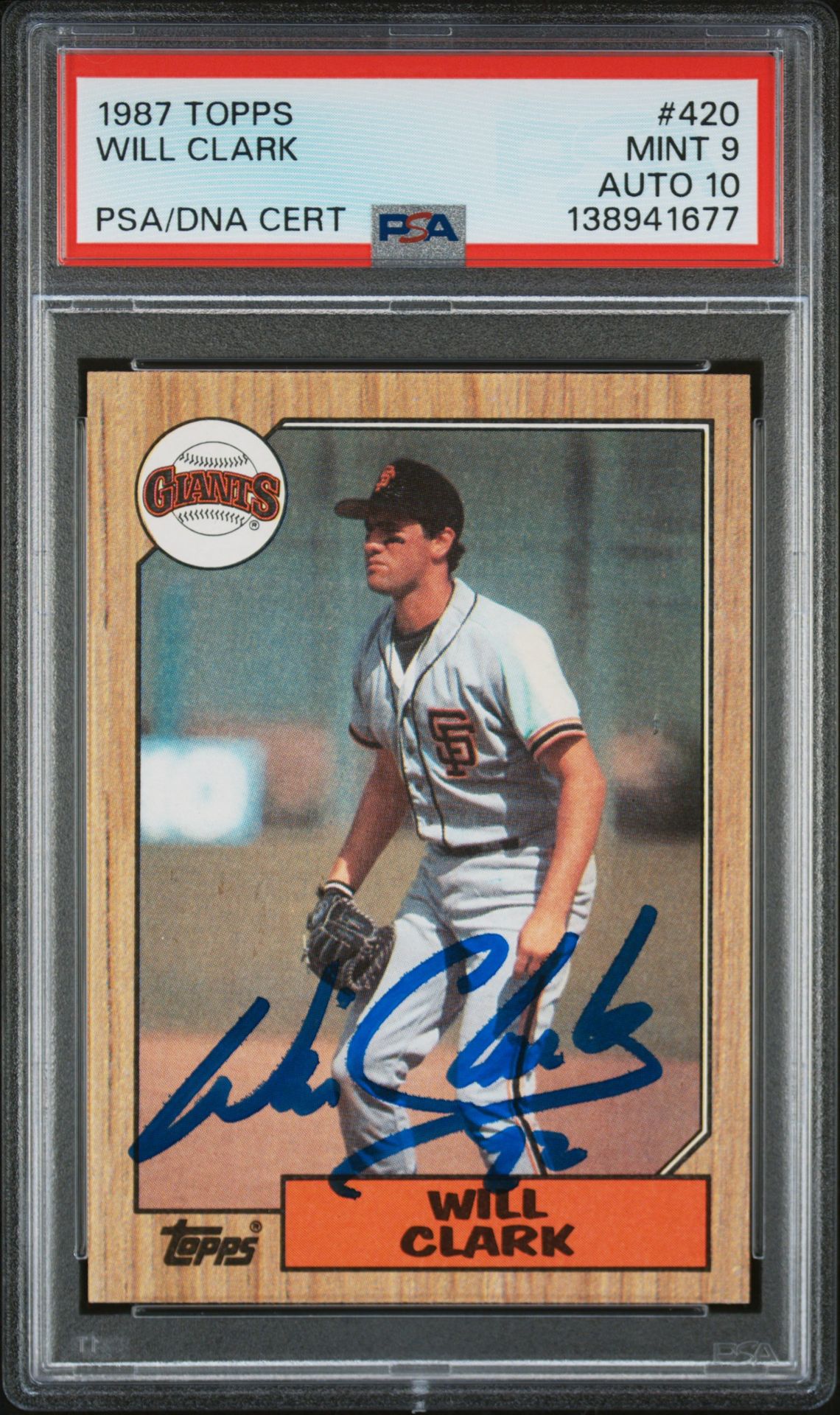 Will Clark 1987 Topps San Francisco Giants Signed Baseball RC Rookie Card #420 PSA 9 Auto 10 Cert #138941677