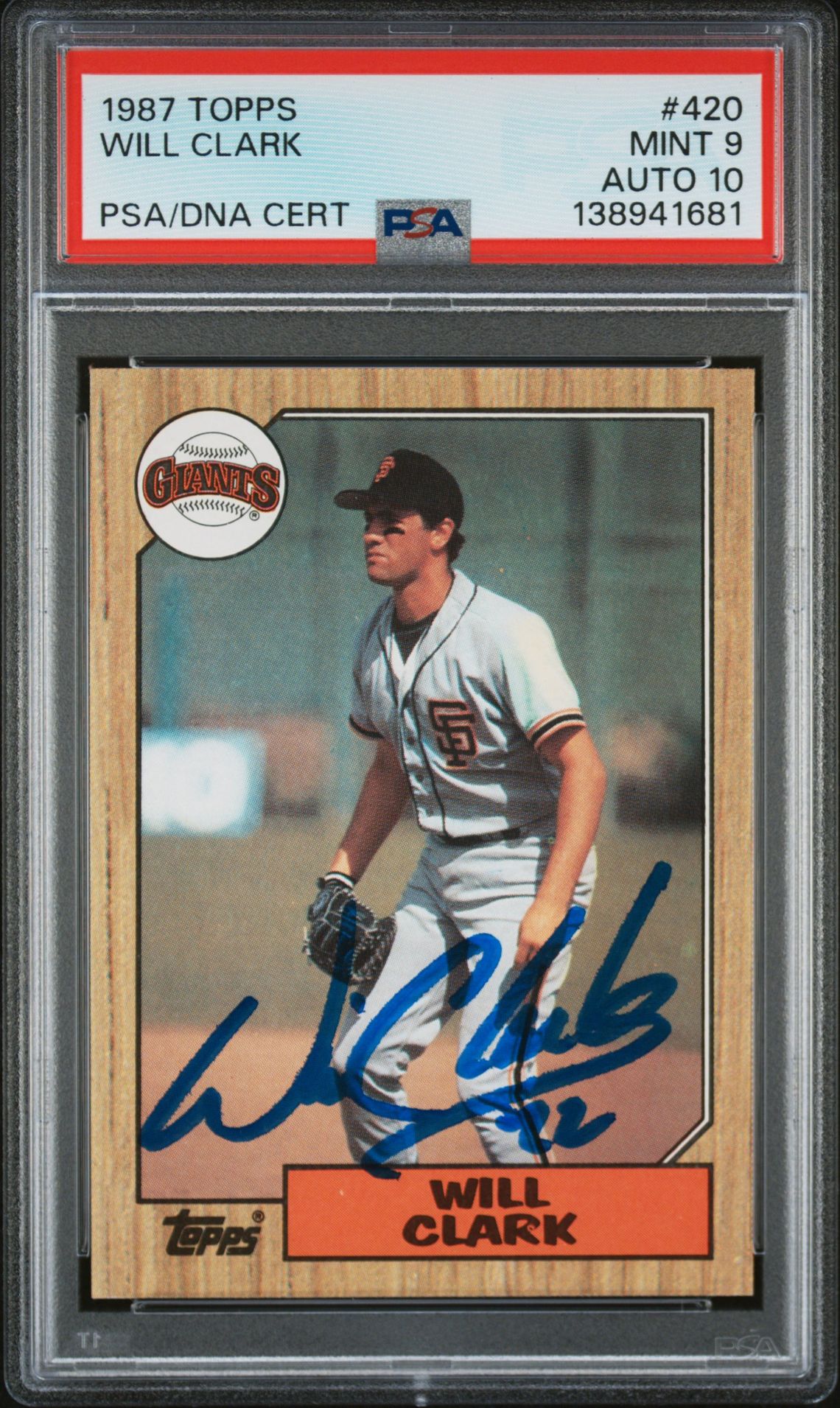 Will Clark 1987 Topps San Francisco Giants Signed Baseball RC Rookie Card #420 PSA 9 Auto 10 Cert #138941681