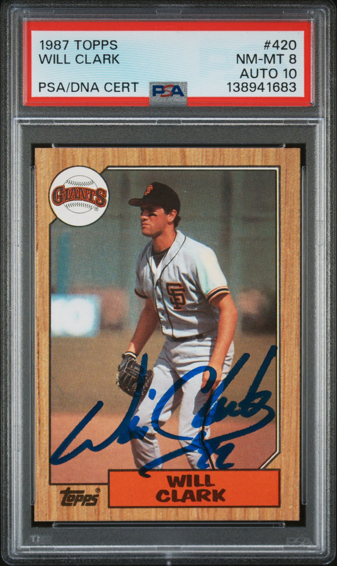Will Clark 1987 Topps San Francisco Giants Signed Baseball RC Rookie Card #420 PSA 8 Auto 10 Cert #138941683