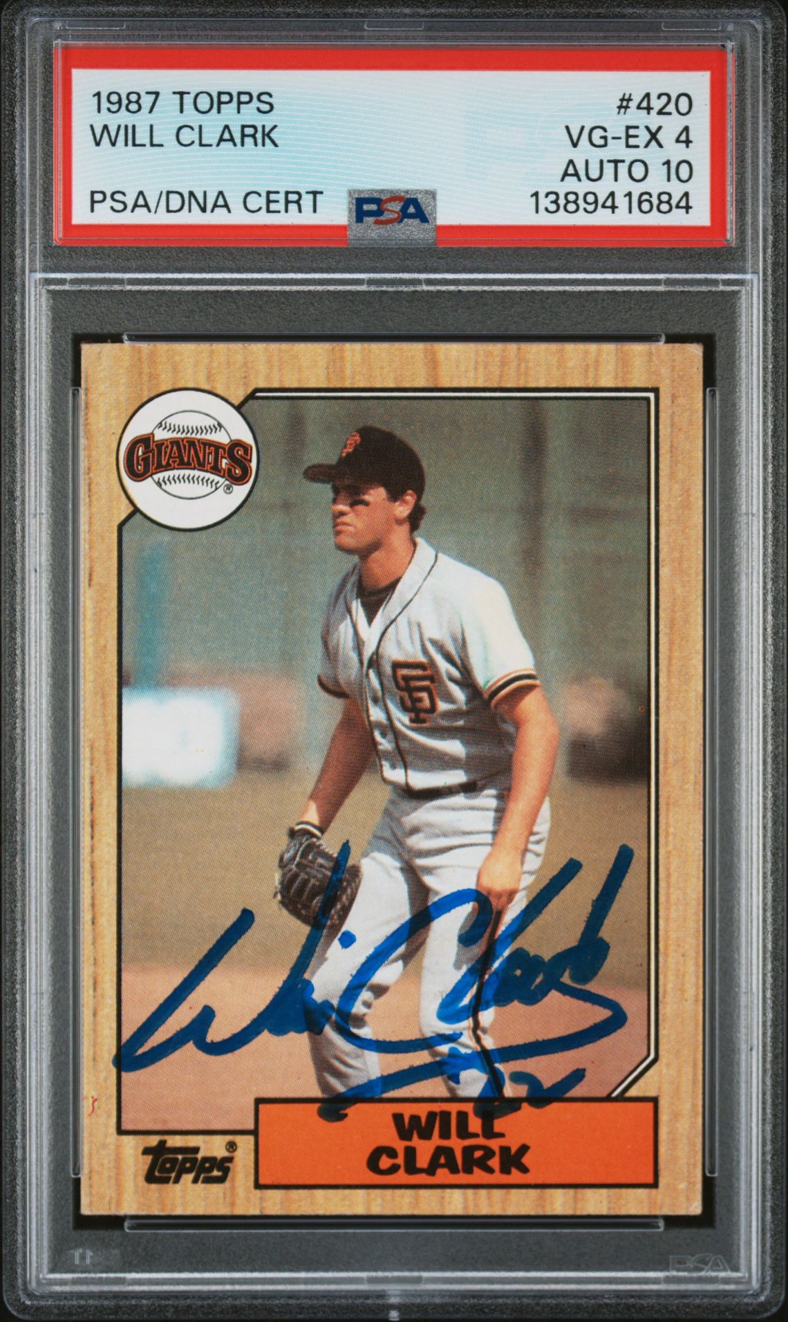 Will Clark 1987 Topps San Francisco Giants Signed Baseball RC Rookie Card #420 PSA 4 Auto 10 Cert #138941684