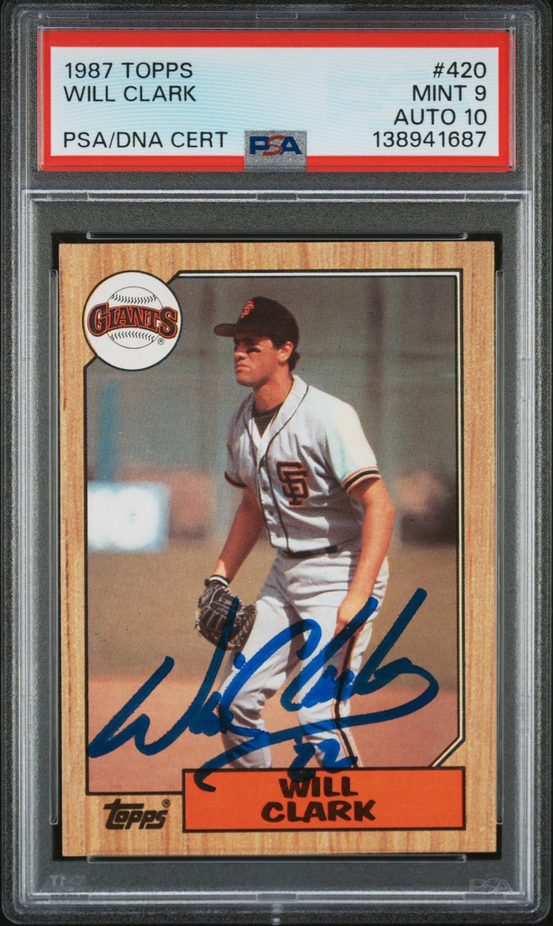 Will Clark 1987 Topps San Francisco Giants Signed Baseball RC Rookie Card #420 PSA 9 Auto 10 Cert #138941687