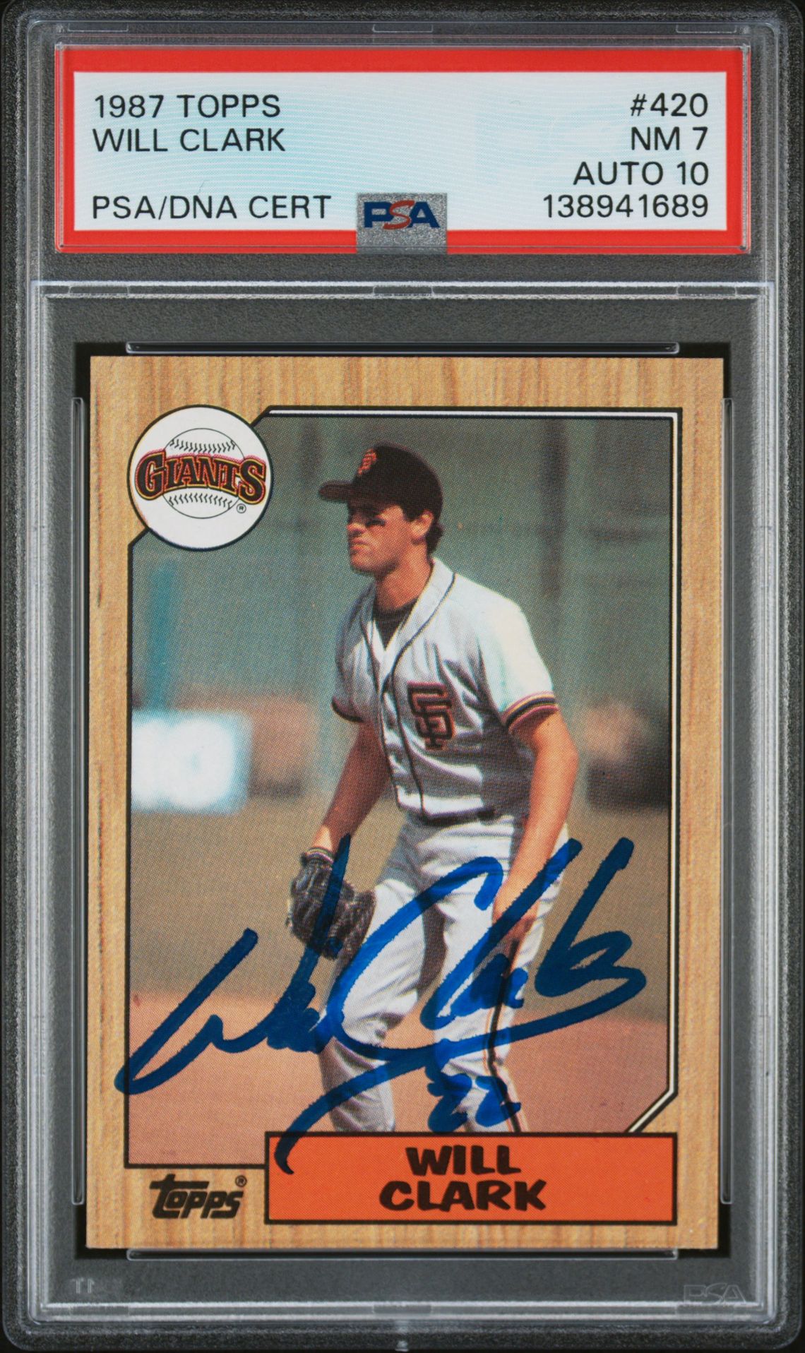 Will Clark 1987 Topps San Francisco Giants Signed Baseball RC Rookie Card #420 PSA 7 Auto 10 Cert #138941689