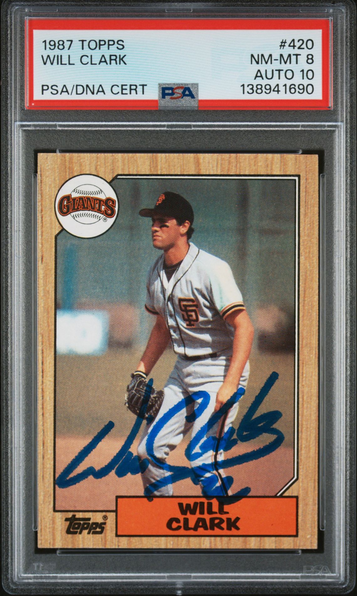 Will Clark 1987 Topps San Francisco Giants Signed Baseball RC Rookie Card #420 PSA 8 Auto 10 Cert #138941690 Will Clark 1987 Topps San Francisco Giants Signed Baseball RC Rookie Card #420 PSA 8 Auto 10 Cert #138941690