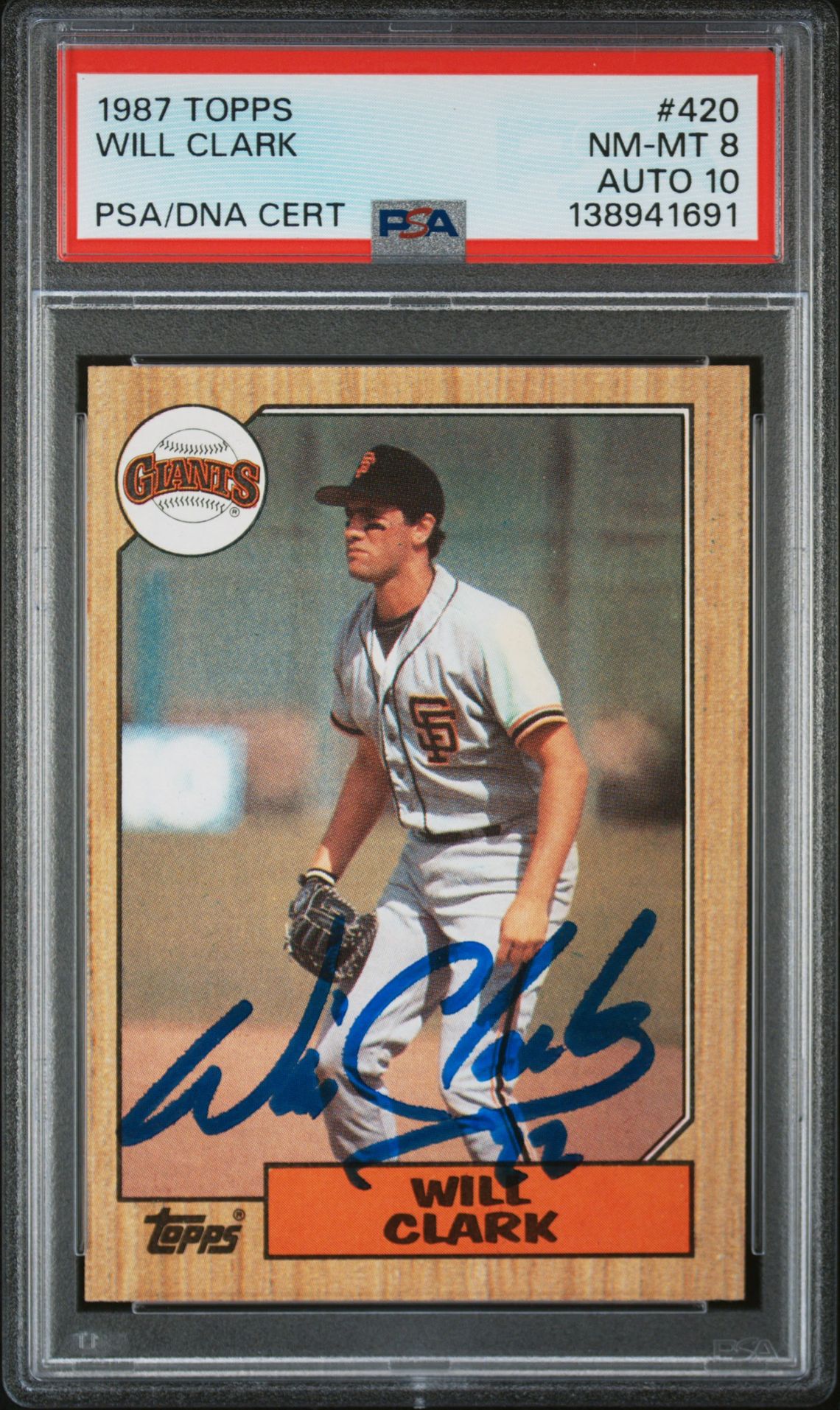 Will Clark 1987 Topps San Francisco Giants Signed Baseball RC Rookie Card #420 PSA 8 Auto 10 Cert #138941691 Will Clark 1987 Topps San Francisco Giants Signed Baseball RC Rookie Card #420 PSA 8 Auto 10 Cert #138941691