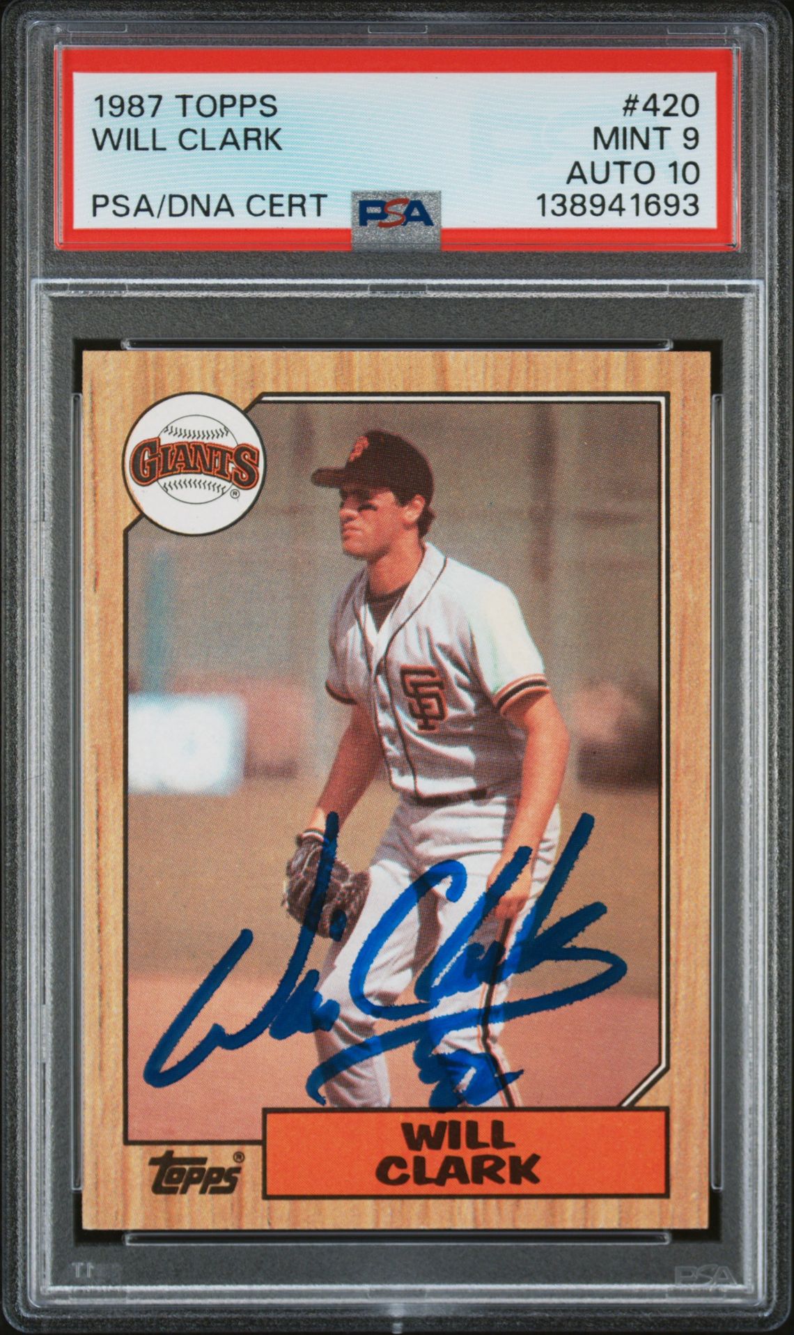 Will Clark 1987 Topps San Francisco Giants Signed Baseball RC Rookie Card #420 PSA 9 Auto 10 Cert #138941693 Will Clark 1987 Topps San Francisco Giants Signed Baseball RC Rookie Card #420 PSA 9 Auto 10 Cert #138941693