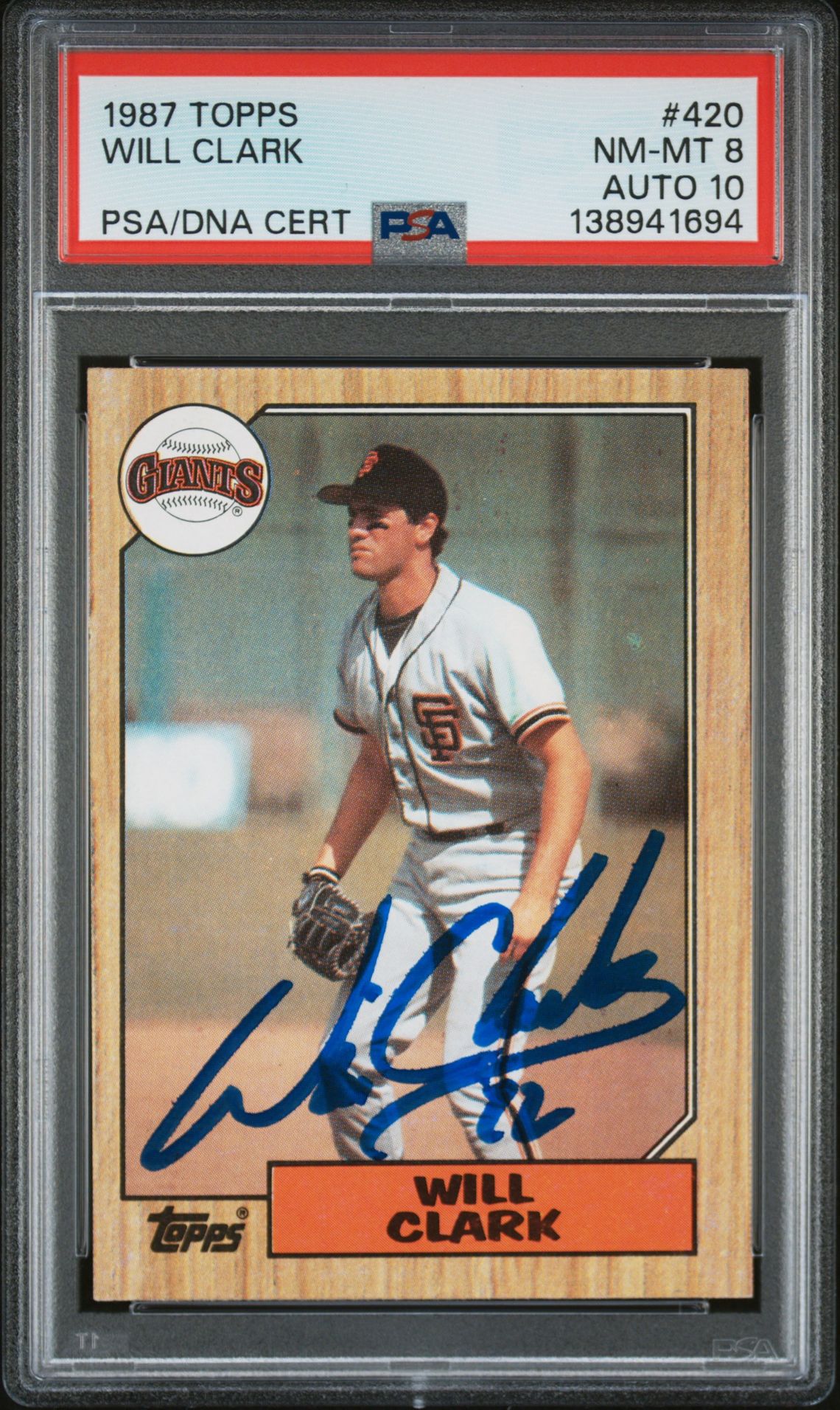 Will Clark 1987 Topps San Francisco Giants Signed Baseball RC Rookie Card #420 PSA 8 Auto 10 Cert #138941694 Will Clark 1987 Topps San Francisco Giants Signed Baseball RC Rookie Card #420 PSA 8 Auto 10 Cert #138941694