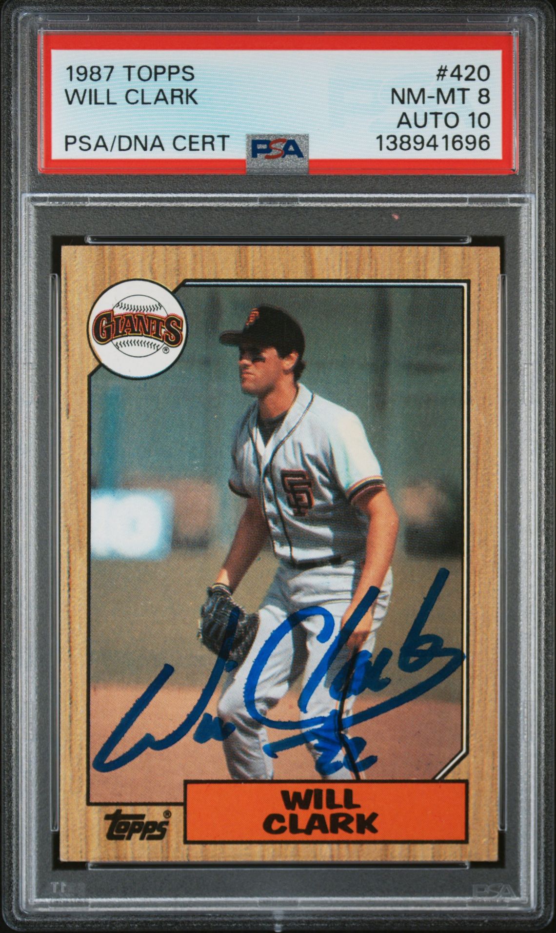 Will Clark 1987 Topps San Francisco Giants Signed Baseball RC Rookie Card #420 PSA 8 Auto 10 Cert #138941696 Will Clark 1987 Topps San Francisco Giants Signed Baseball RC Rookie Card #420 PSA 8 Auto 10 Cert #138941696