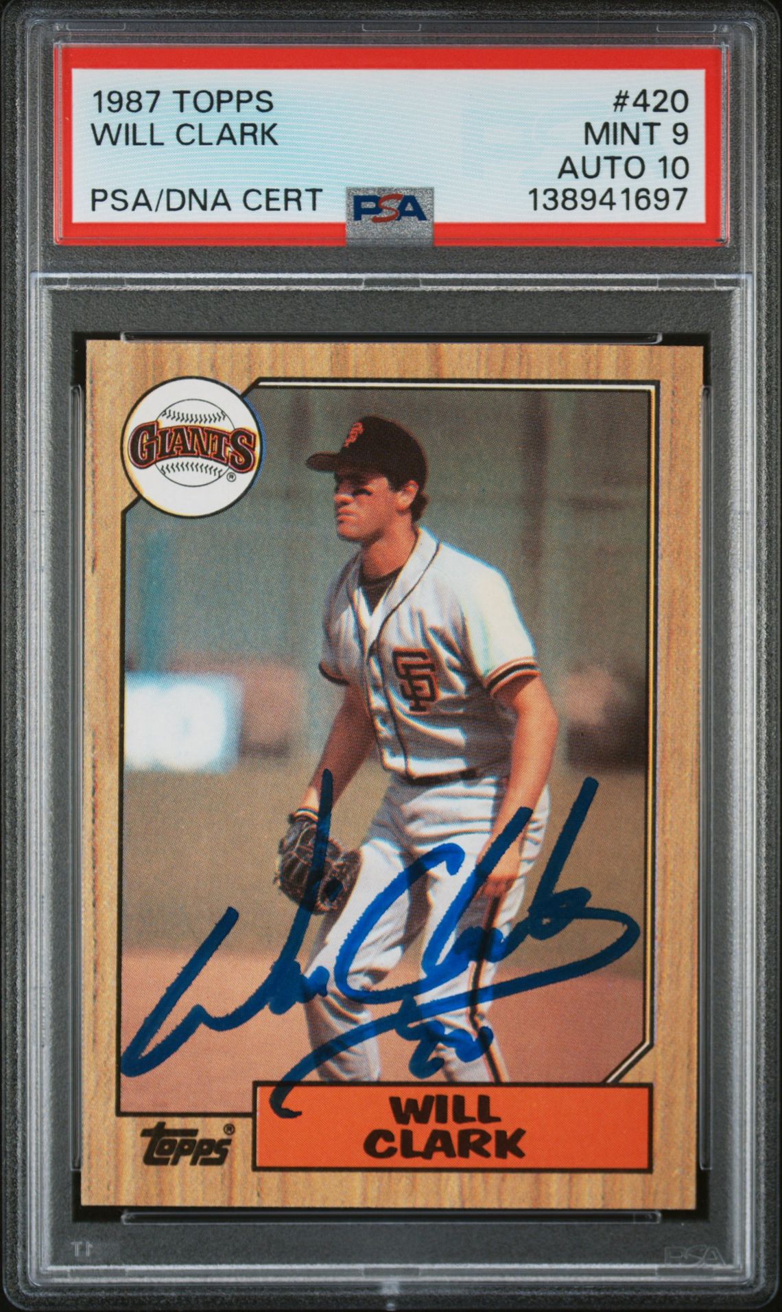 Will Clark 1987 Topps San Francisco Giants Signed Baseball RC Rookie Card #420 PSA 9 Auto 10 Cert #138941697 Will Clark 1987 Topps San Francisco Giants Signed Baseball RC Rookie Card #420 PSA 9 Auto 10 Cert #138941697