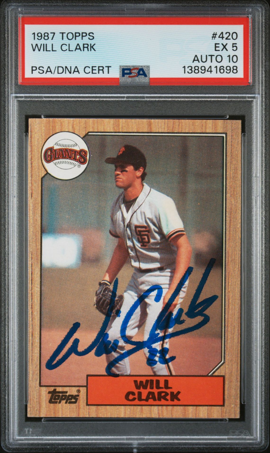 Will Clark 1987 Topps San Francisco Giants Signed Baseball RC Rookie Card #420 PSA 5 Auto 10 Cert #138941698 Will Clark 1987 Topps San Francisco Giants Signed Baseball RC Rookie Card #420 PSA 5 Auto 10 Cert #138941698