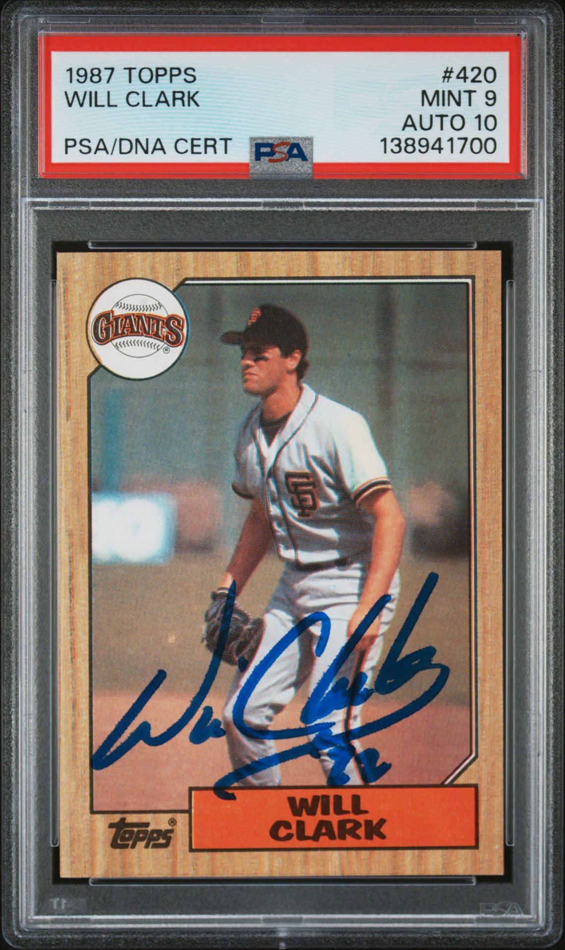 Will Clark 1987 Topps San Francisco Giants Signed Baseball RC Rookie Card #420 PSA 9 Auto 10 Cert #138941700 Will Clark 1987 Topps San Francisco Giants Signed Baseball RC Rookie Card #420 PSA 9 Auto 10 Cert #138941700