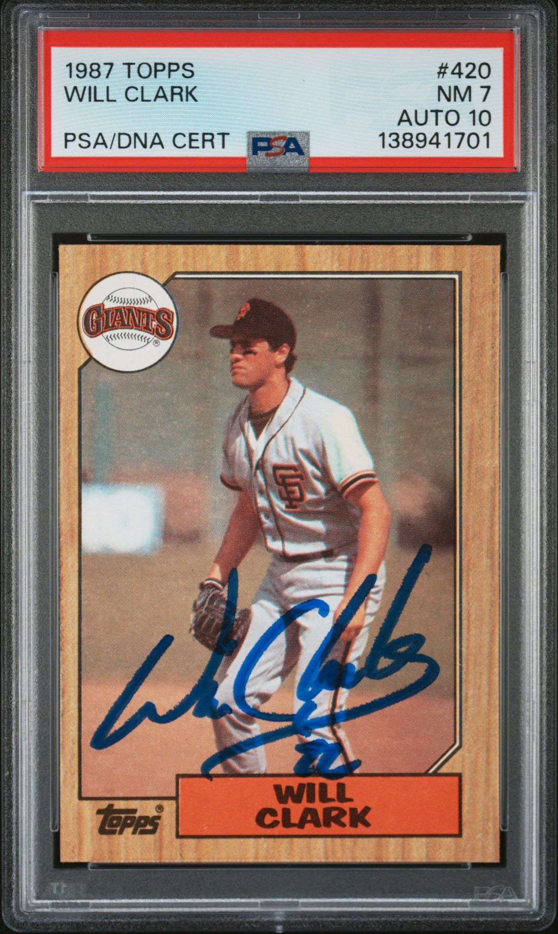Will Clark 1987 Topps San Francisco Giants Signed Baseball RC Rookie Card #420 PSA 7 Auto 10 Cert #138941701 Will Clark 1987 Topps San Francisco Giants Signed Baseball RC Rookie Card #420 PSA 7 Auto 10 Cert #138941701