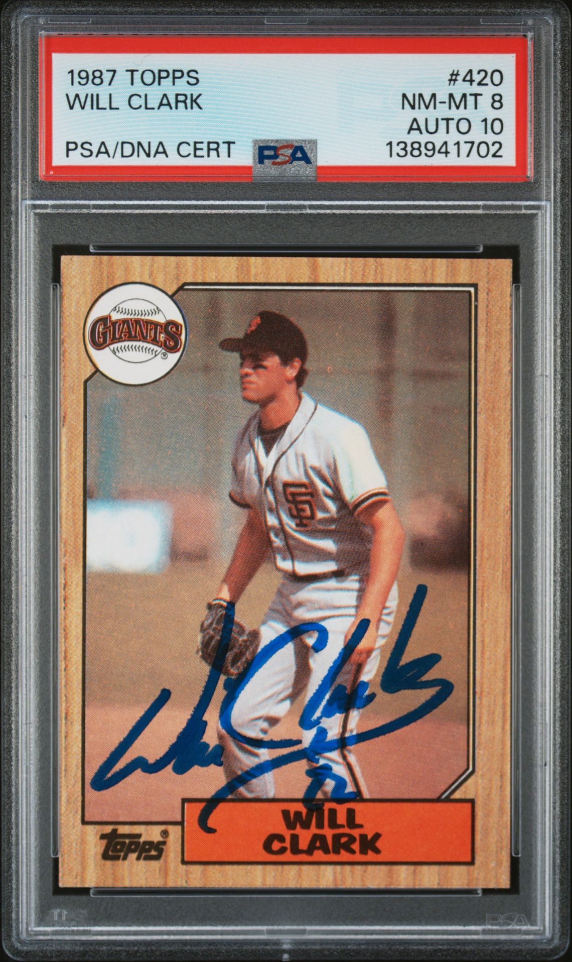 Will Clark 1987 Topps San Francisco Giants Signed Baseball RC Rookie Card #420 PSA 8 Auto 10 Cert #138941702 Will Clark 1987 Topps San Francisco Giants Signed Baseball RC Rookie Card #420 PSA 8 Auto 10 Cert #138941702