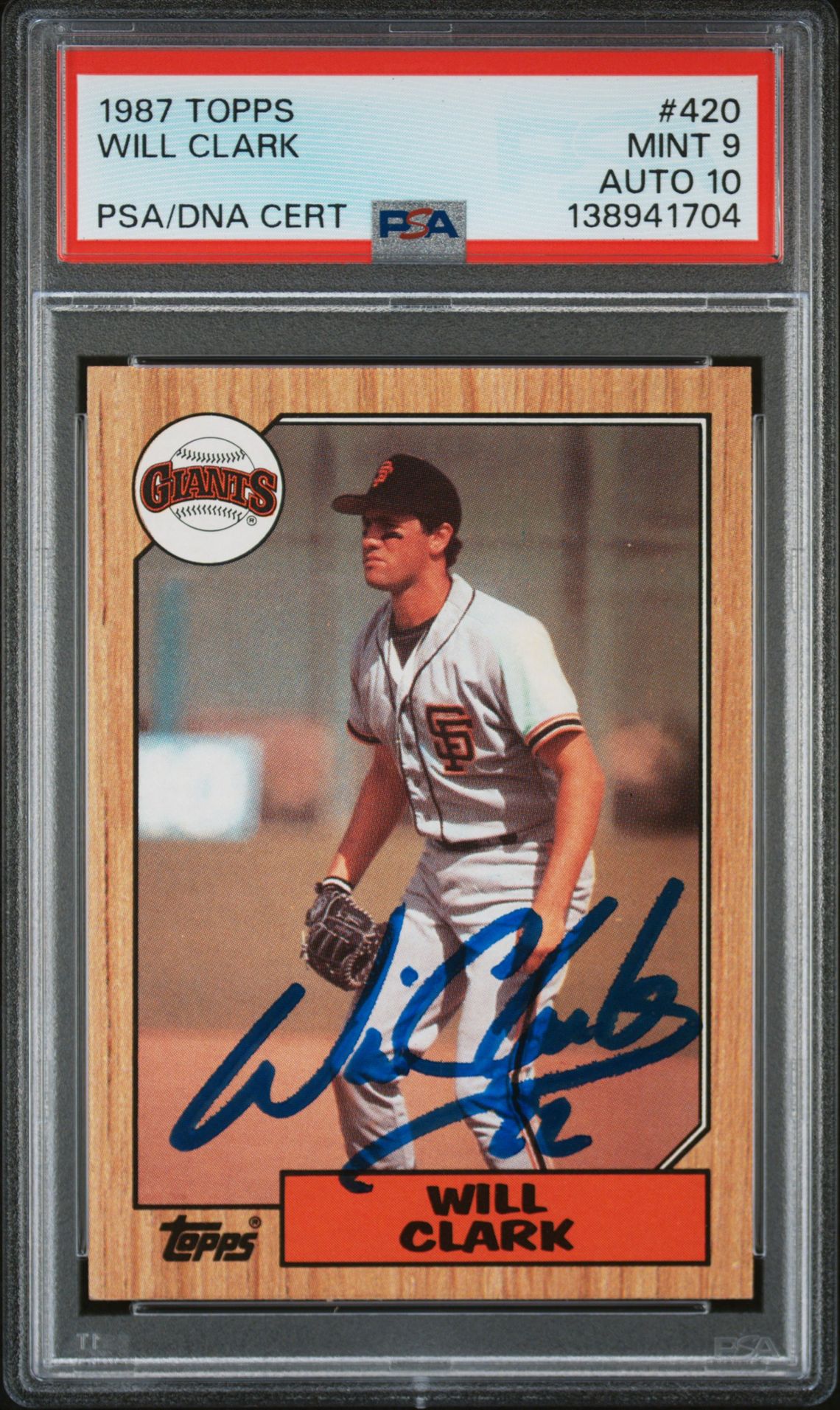 Will Clark 1987 Topps San Francisco Giants Signed Baseball RC Rookie Card #420 PSA 9 Auto 10 Cert #138941704 Will Clark 1987 Topps San Francisco Giants Signed Baseball RC Rookie Card #420 PSA 9 Auto 10 Cert #138941704