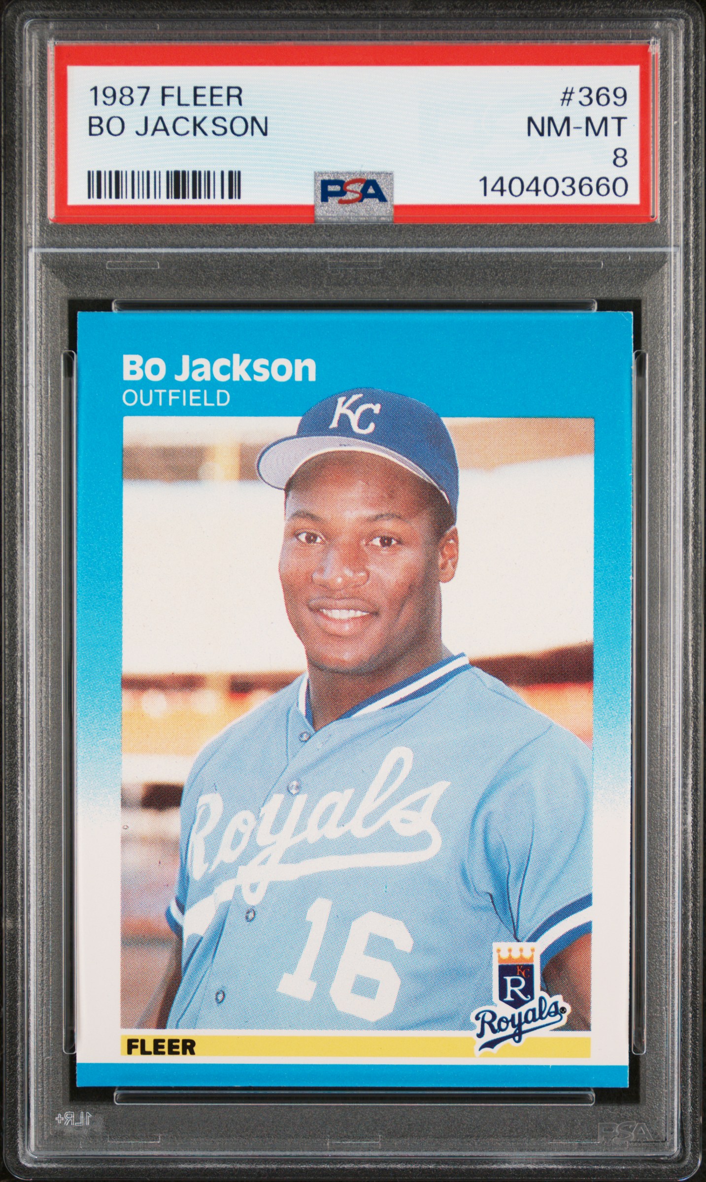Bo Jackson 1987 Fleer Kansas City Royals Baseball RC Rookie Card #369 Graded PSA 8 Cert #140403660 Bo Jackson 1987 Fleer Kansas City Royals Baseball RC Rookie Card #369 Graded PSA 8 Cert #140403660