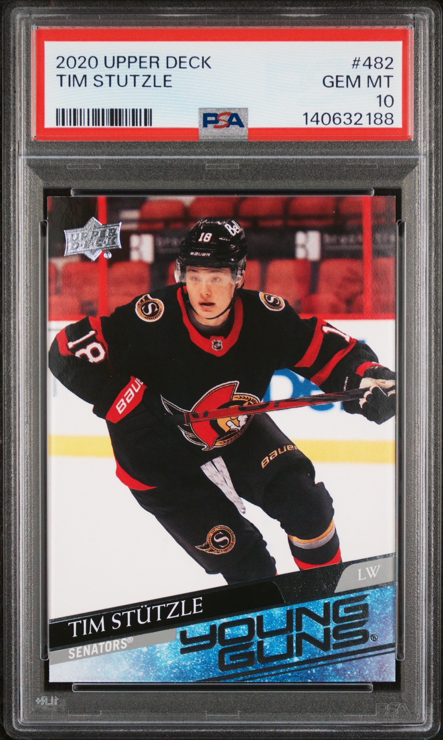 Tim Stutzle 2020 Upper Deck Young Guns Ottawa Senators Hockey RC Rookie Card #482 Graded PSA 10 Cert #140632188