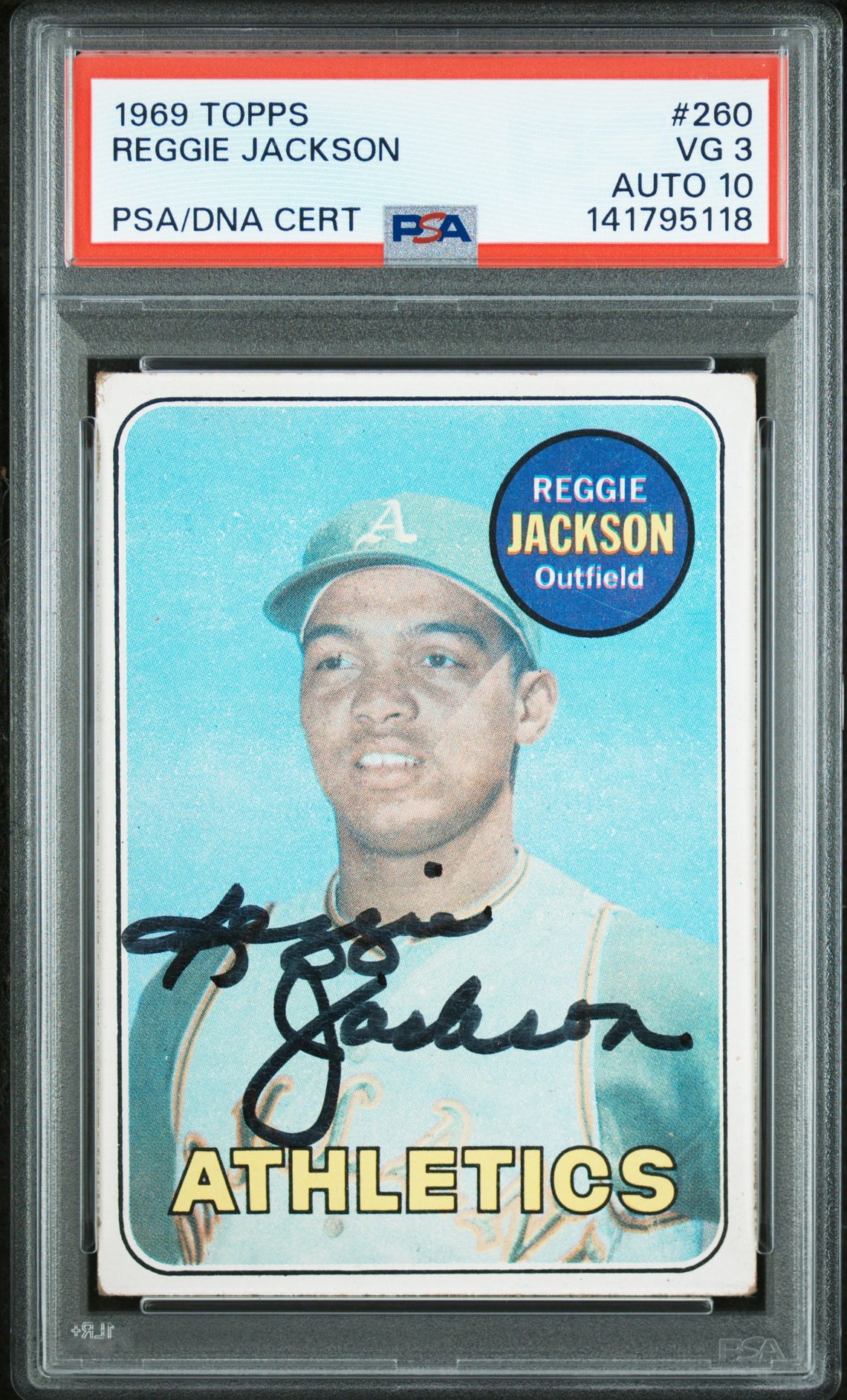 Reggie Jackson 1969 Topps Signed Baseball Rookie Card #260 Graded PSA 3 Auto 10 Cert #141795118