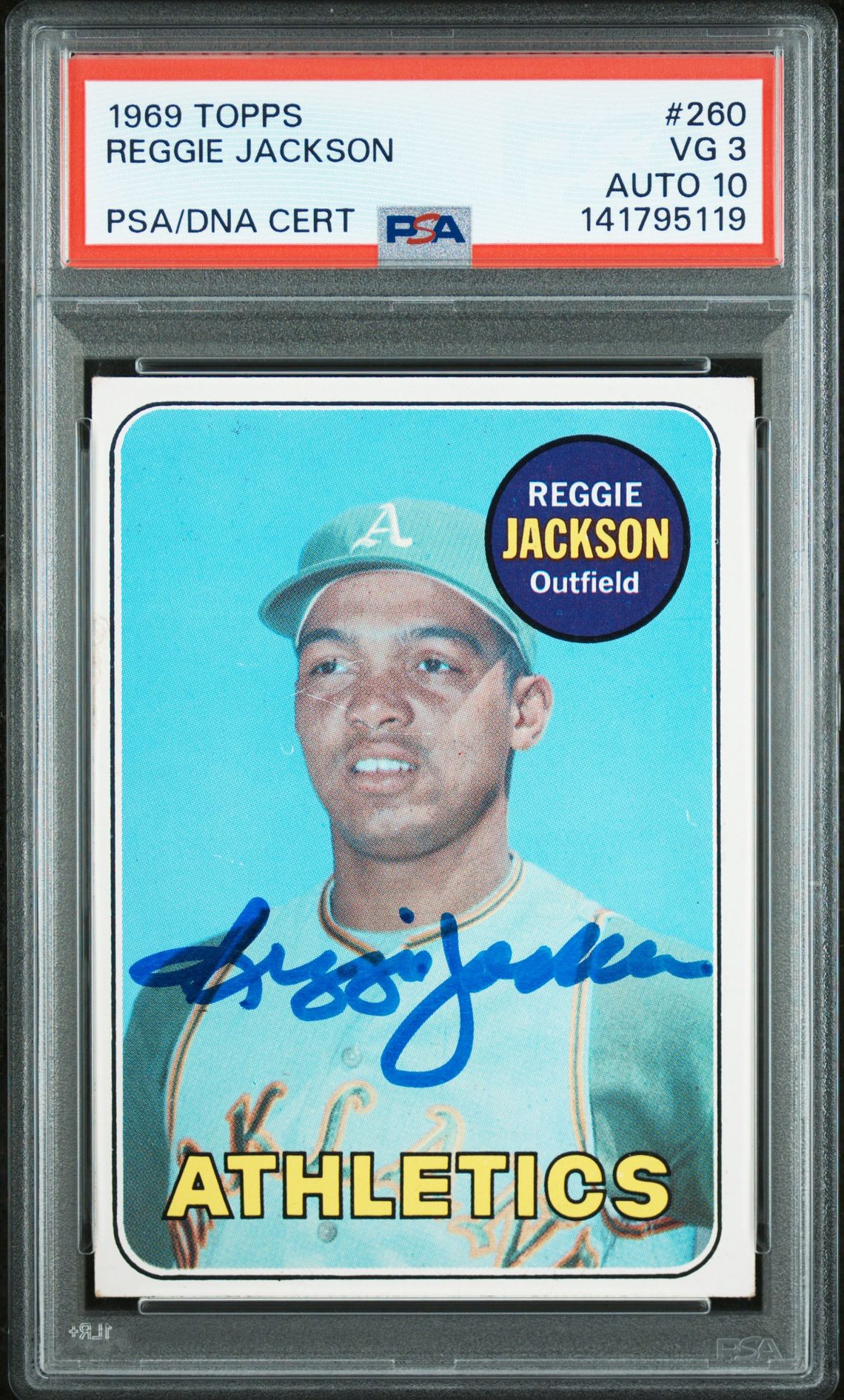 Reggie Jackson 1969 Topps Signed Baseball Rookie Card #260 Graded PSA 3 Auto 10 Cert #141795119