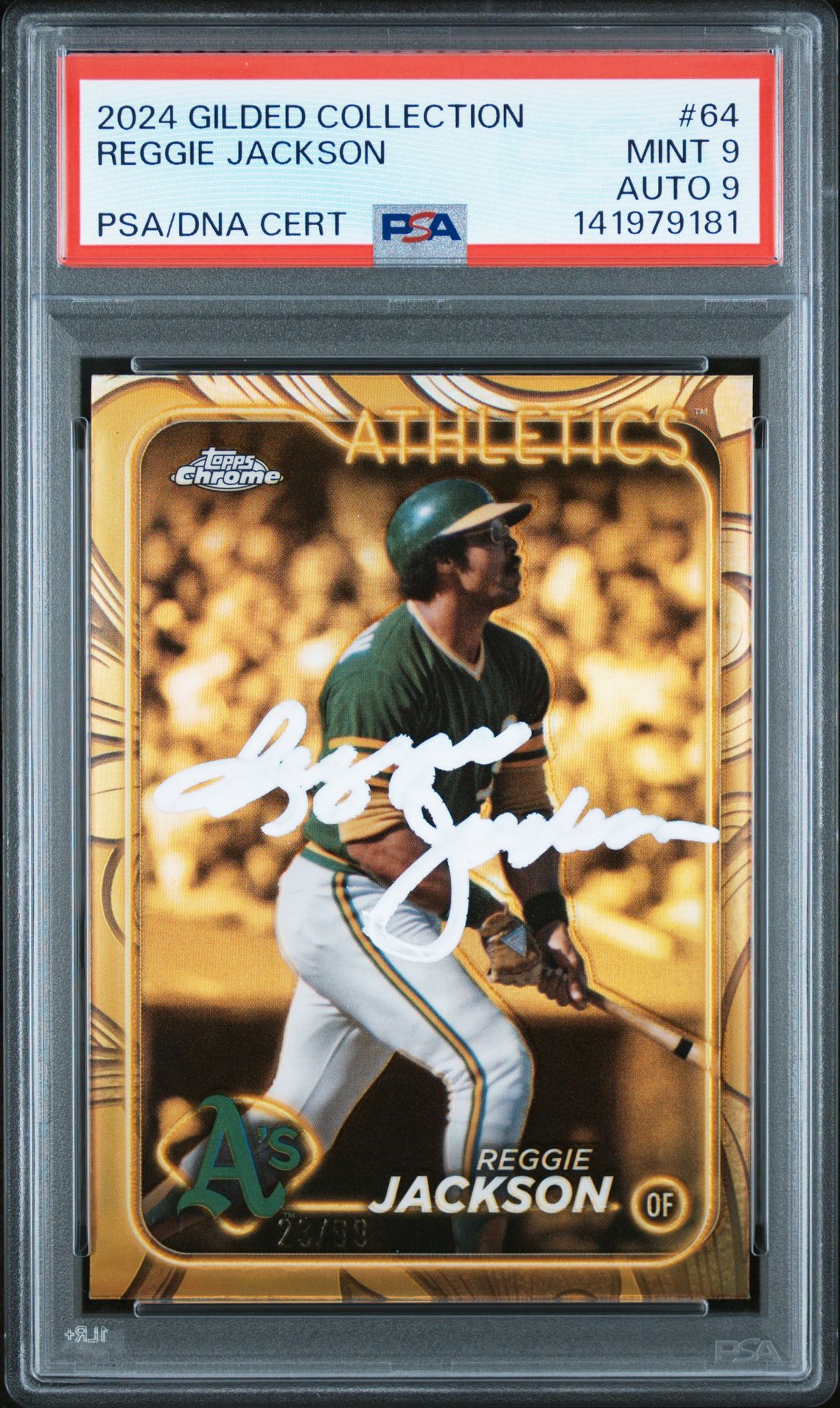 Reggie Jackson 2024 Topps Chrome Gilded Collection Signed Baseball Card #64 Graded PSA 9 Auto 9 Cert #141979181 Serial #23/99