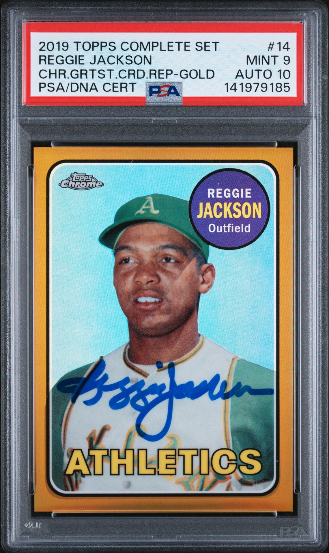 Reggie Jackson 2019 Topps Chrome Greatest Card Gold Signed Baseball Card #14 Graded PSA 9 Auto 10 Cert #141979185 Serial #33/50