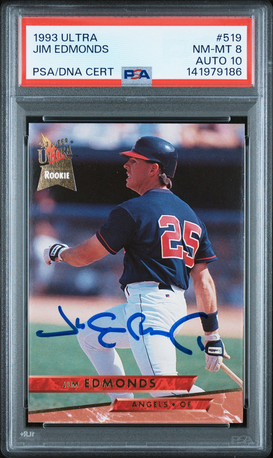 Jim Edmonds 1993 Fleer Ultra Signed Baseball Rookie Card #519 Graded PSA 8 Auto 10 Cert #141979186
