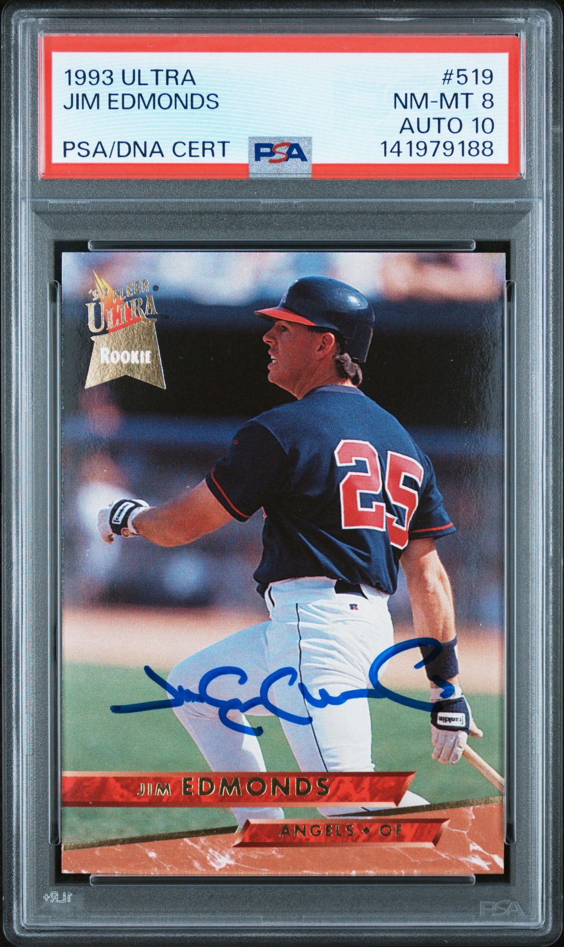 Jim Edmonds 1993 Fleer Ultra Signed Baseball Rookie Card #519 Graded PSA 8 Auto 10 Cert #141979188