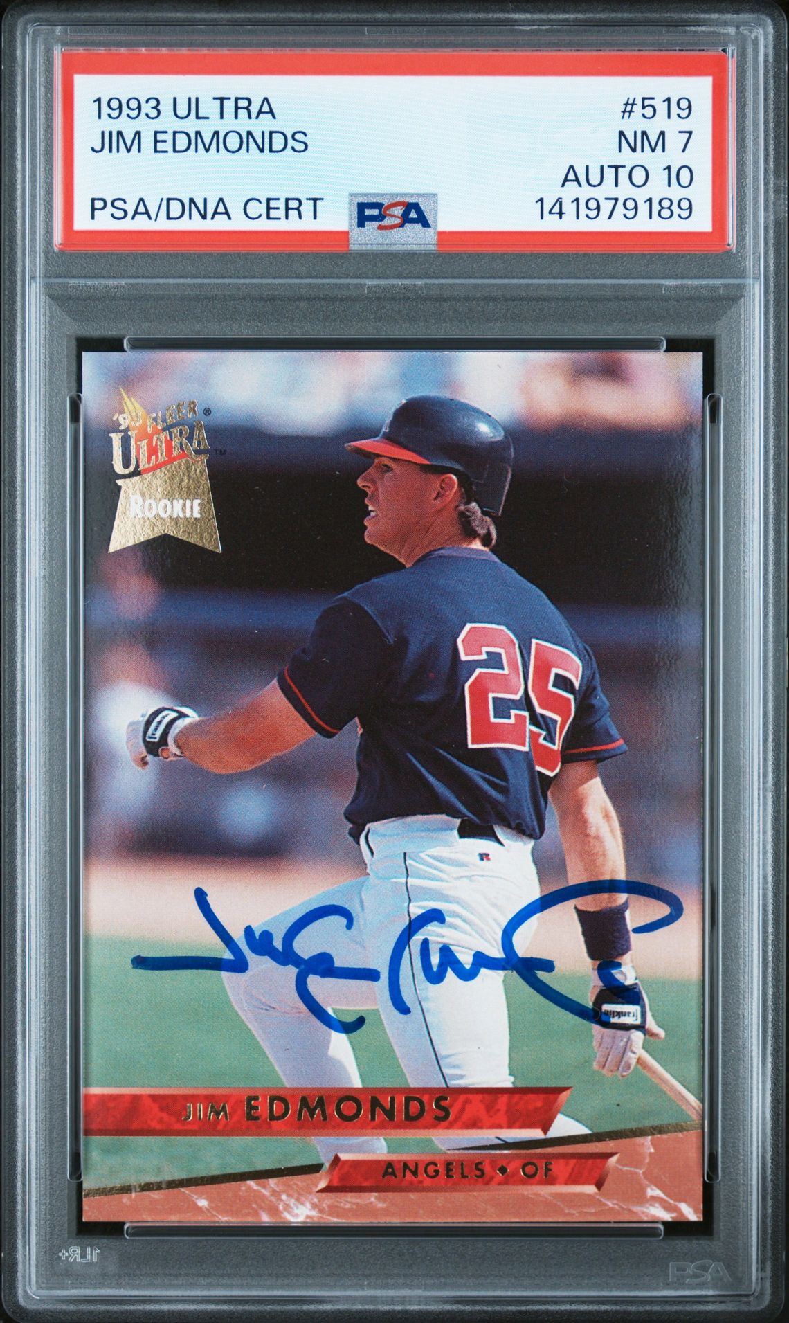 Jim Edmonds 1993 Fleer Ultra Signed Baseball Rookie Card #519 Graded PSA 7 Auto 10 Cert #141979189