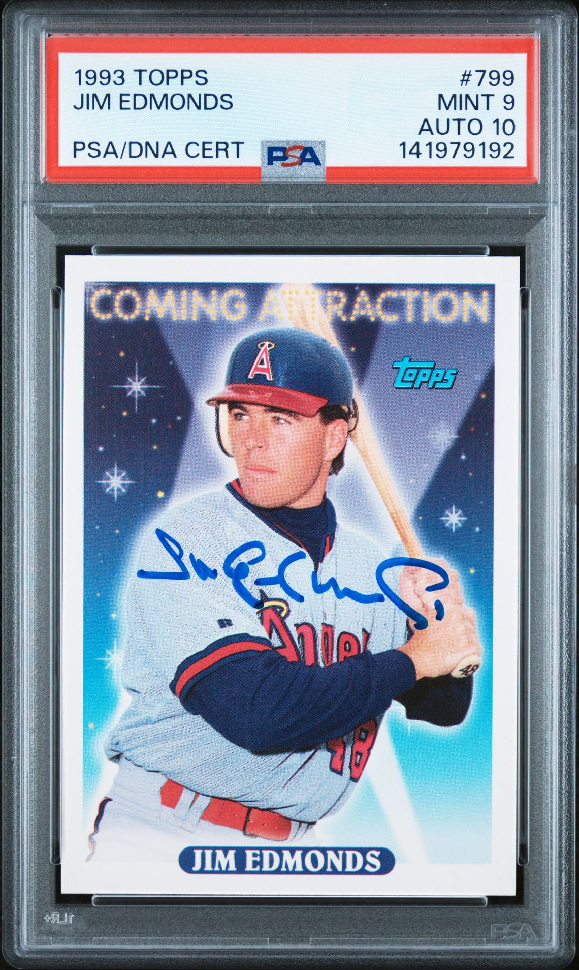 Jim Edmonds 1993 Topps Signed Baseball Rookie Card #799 Graded PSA 9 Auto 10 Cert #141979192