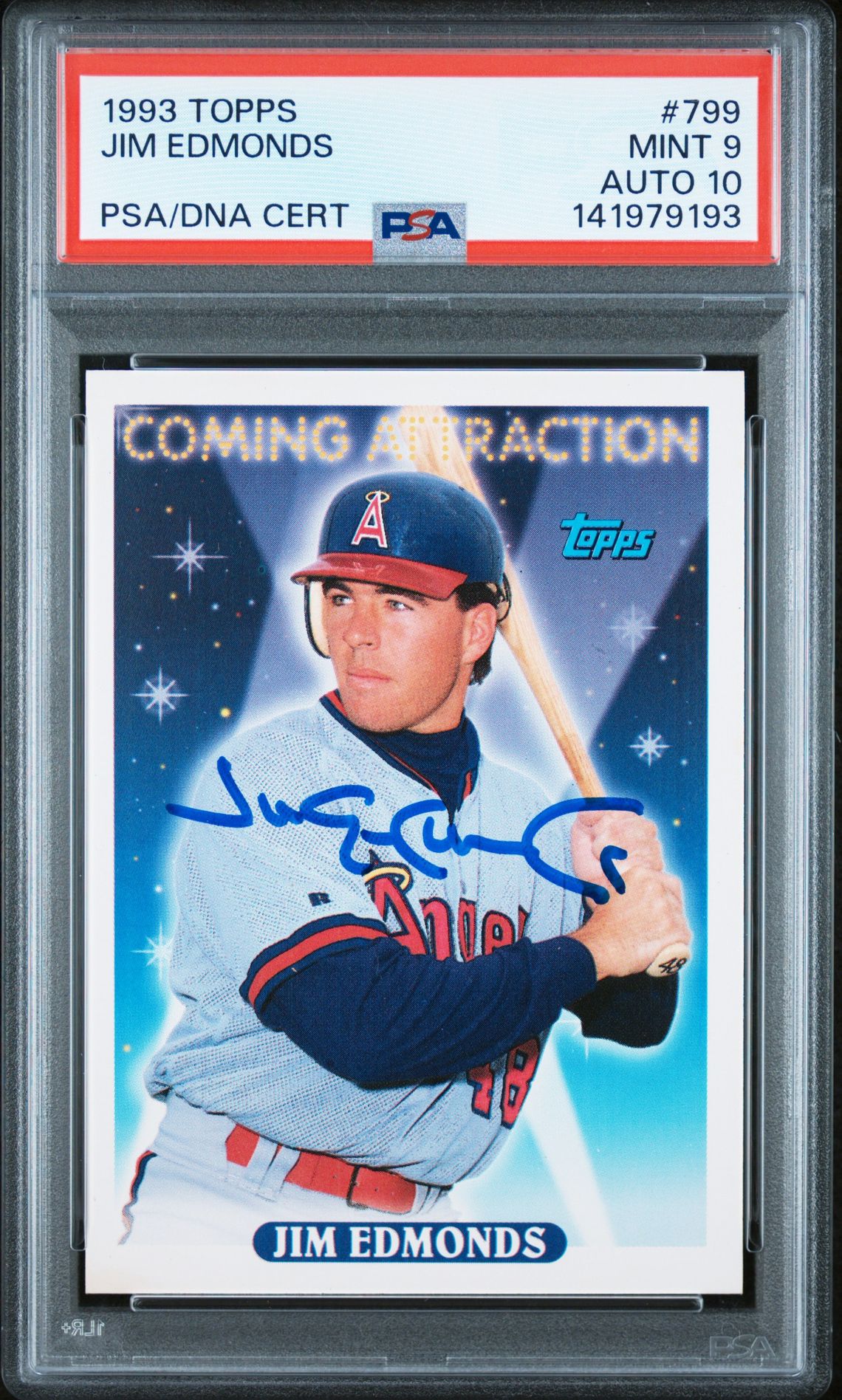 Jim Edmonds 1993 Topps Signed Baseball Rookie Card #799 Graded PSA 9 Auto 10 Cert #141979193