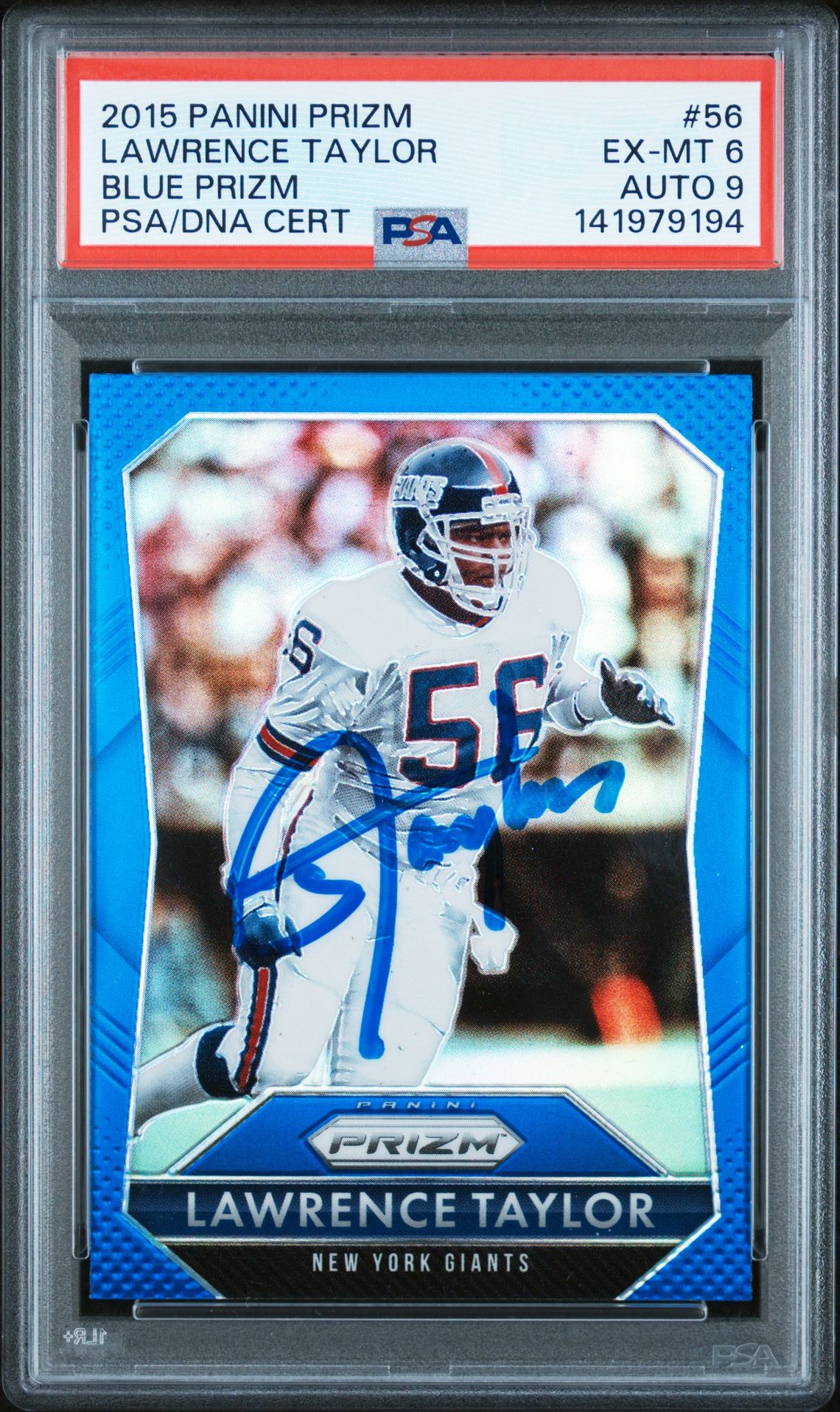 Lawrence Taylor 2015 Panini Prizm Blue Signed Football Card #56 Graded PSA 6 Auto 9 Cert #141979194
