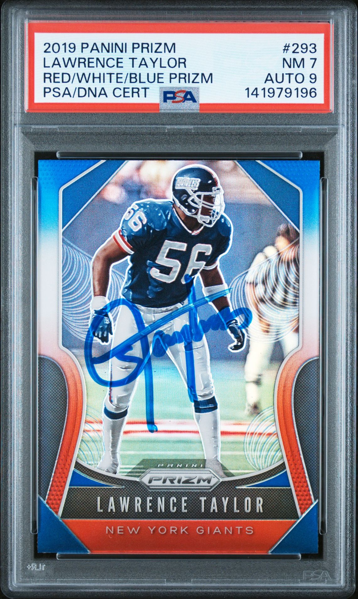 Lawrence Taylor 2019 Panini Prizm Red White Blue Signed Football Card #293 Graded PSA 7 Auto 9 Cert #141979196