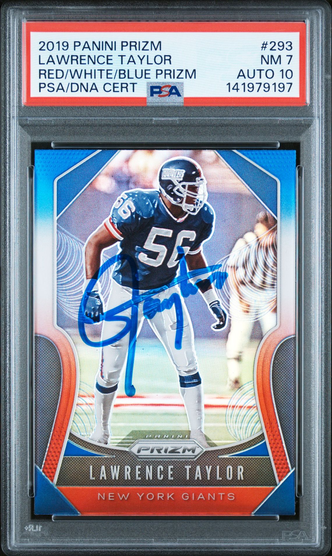 Lawrence Taylor 2019 Panini Prizm Red White Blue Signed Football Card #293 Graded PSA 7 Auto 10 Cert #141979197