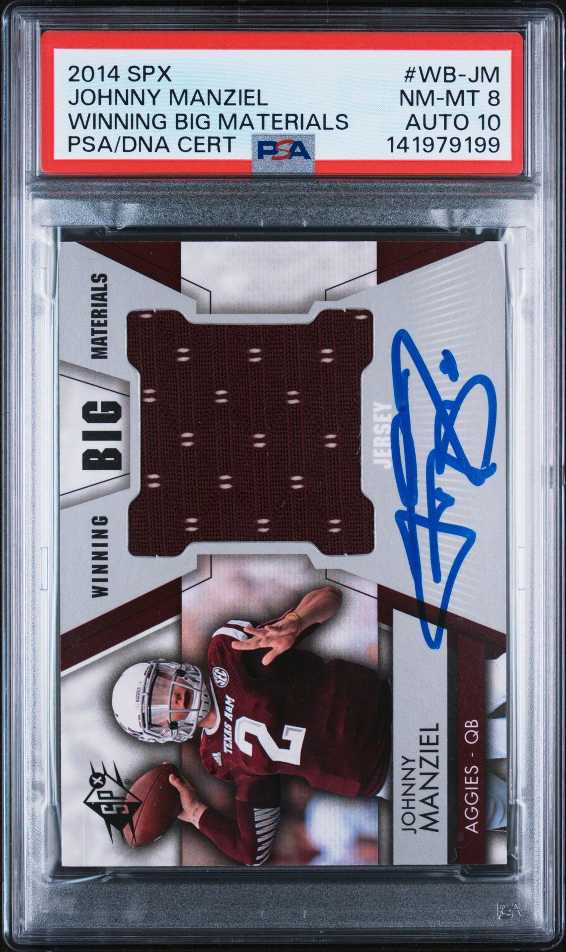 Johnny Manziel 2014 SPx Winning Big Materials Player Worn Jersey Patch Signed Football Rookie Card #WB-JM Graded PSA 8 Auto 10 Cert #141979199