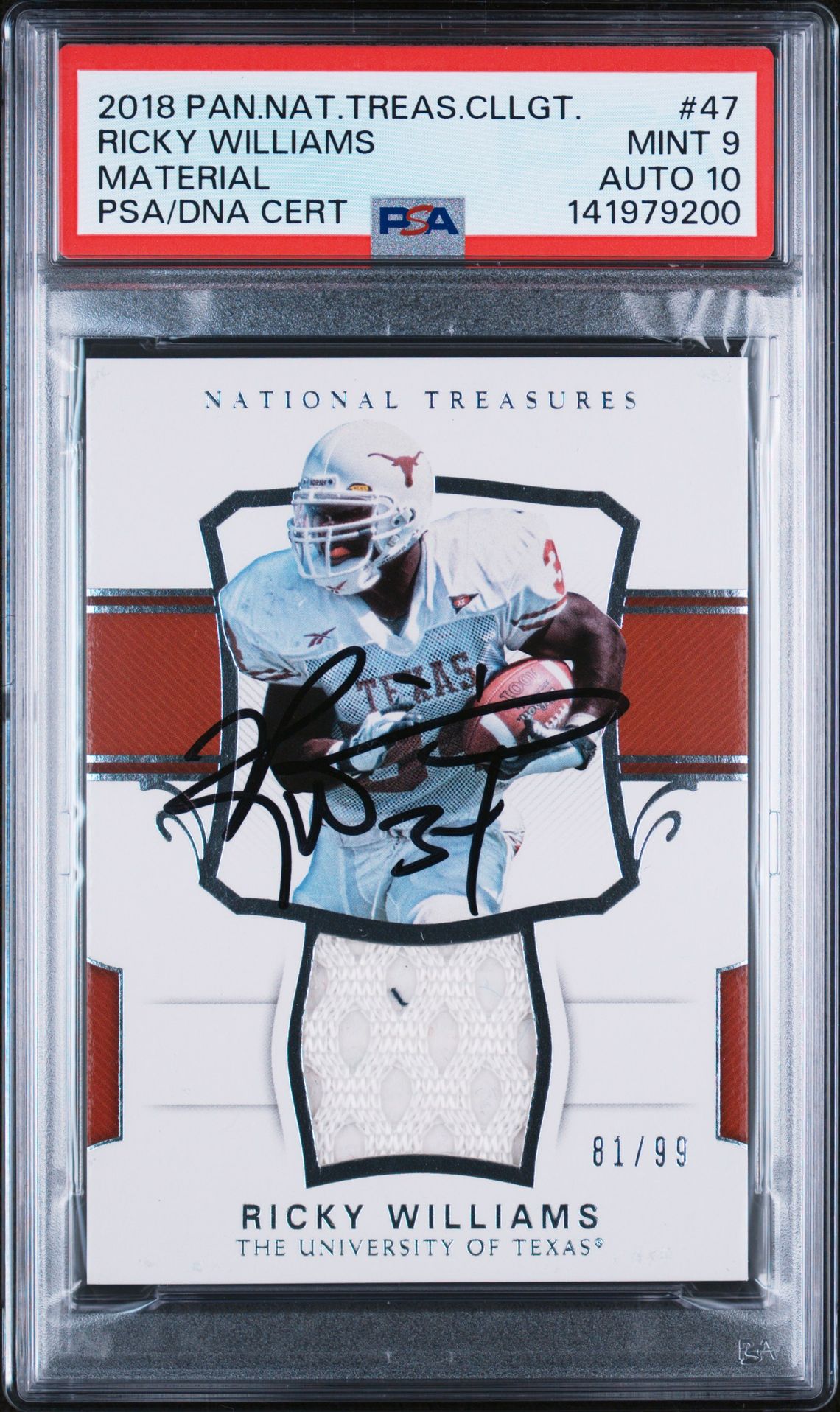 Ricky Williams 2018 Panini National Treasures Collegiate Material Game Used Jersey Patch Signed Football Card #47 Graded PSA 9 Auto 10 Cert #141979200 Serial #61/99