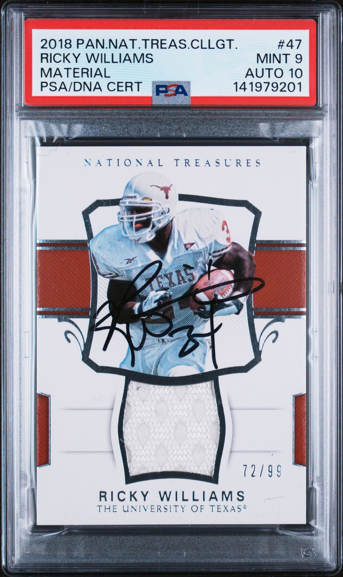 Ricky Williams 2018 Panini National Treasures Collegiate Material Game Used Jersey Patch Signed Football Card #47 Graded PSA 9 Auto 10 Cert #141979201 Serial #72/99