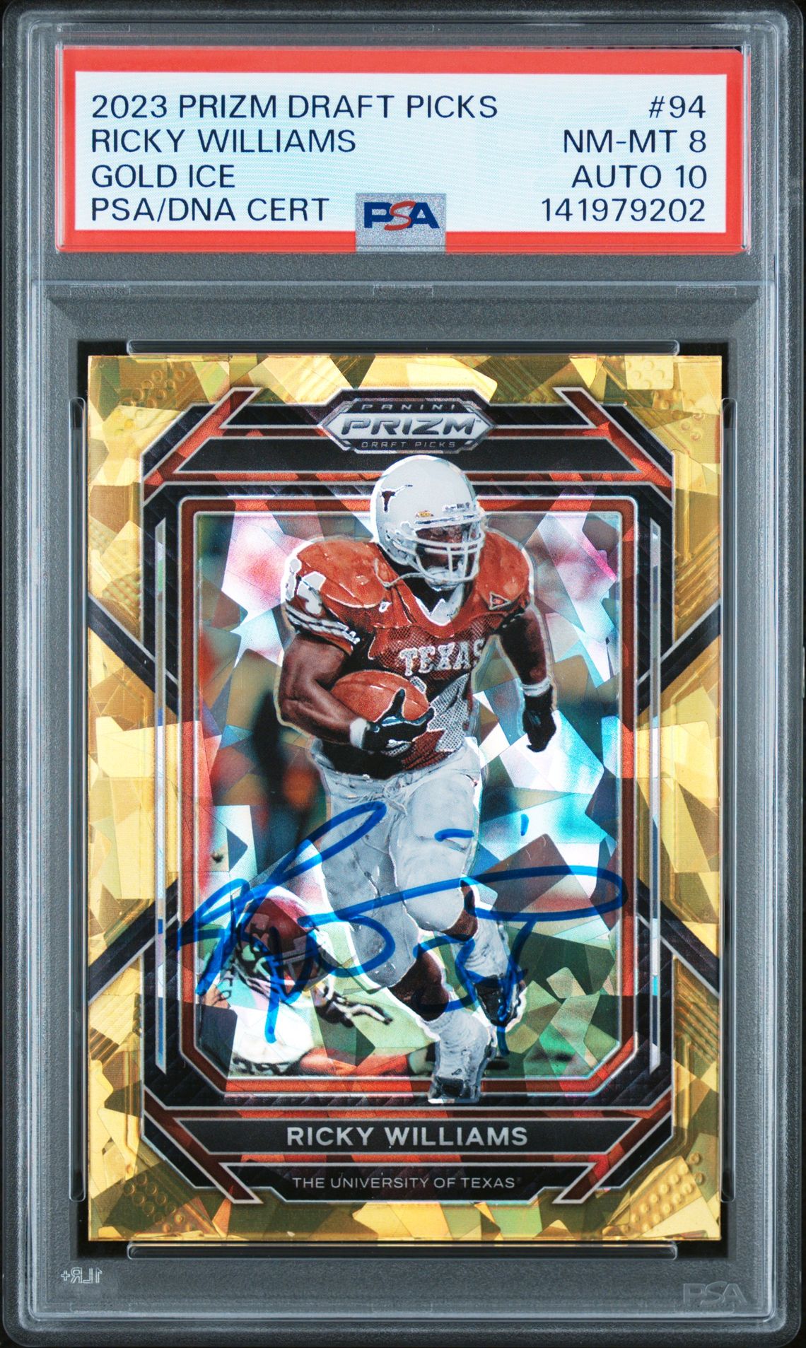 Ricky Williams 2023 Panini Prizm Draft Picks Gold Ice Signed Football Card #94 Graded PSA 8 Auto 10 Cert #141979202