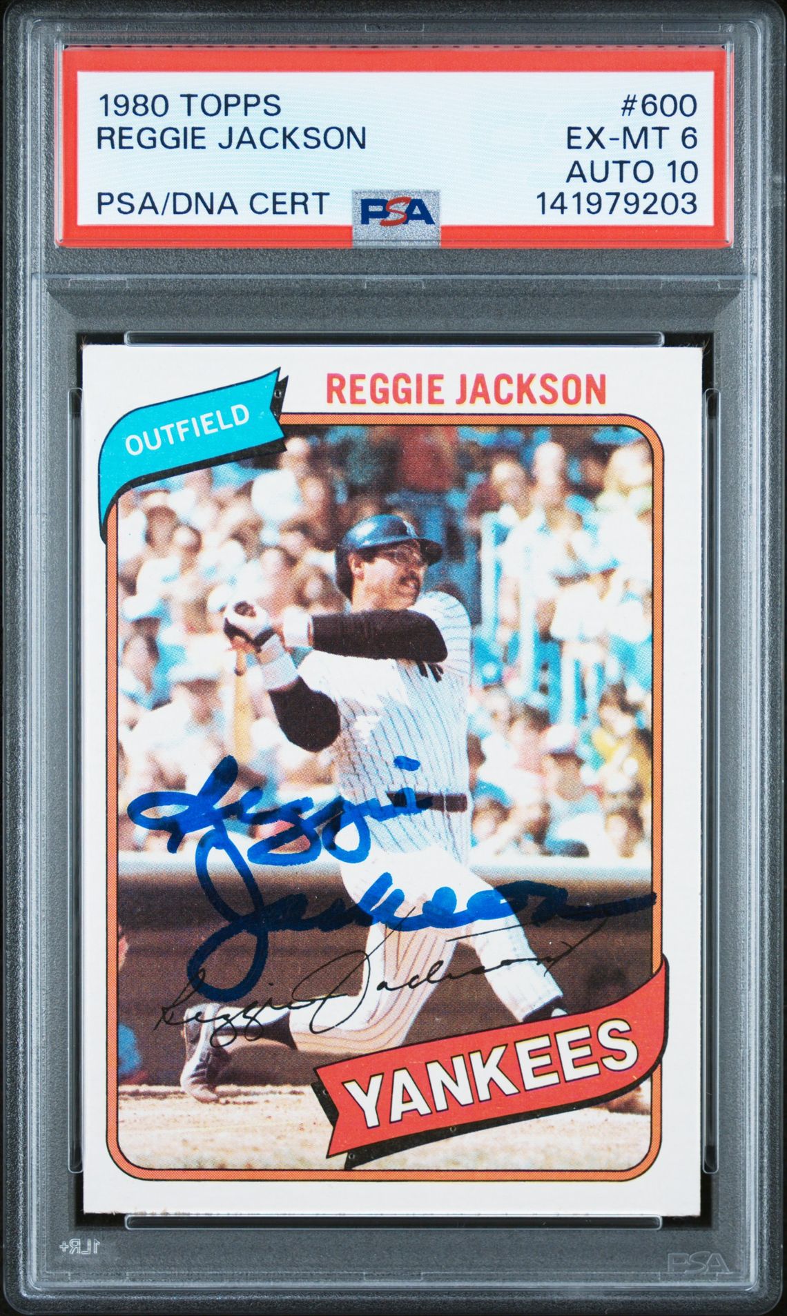 Reggie Jackson 1980 Topps Signed Baseball Card #600 Graded PSA 6 Auto 10 Cert #141979203