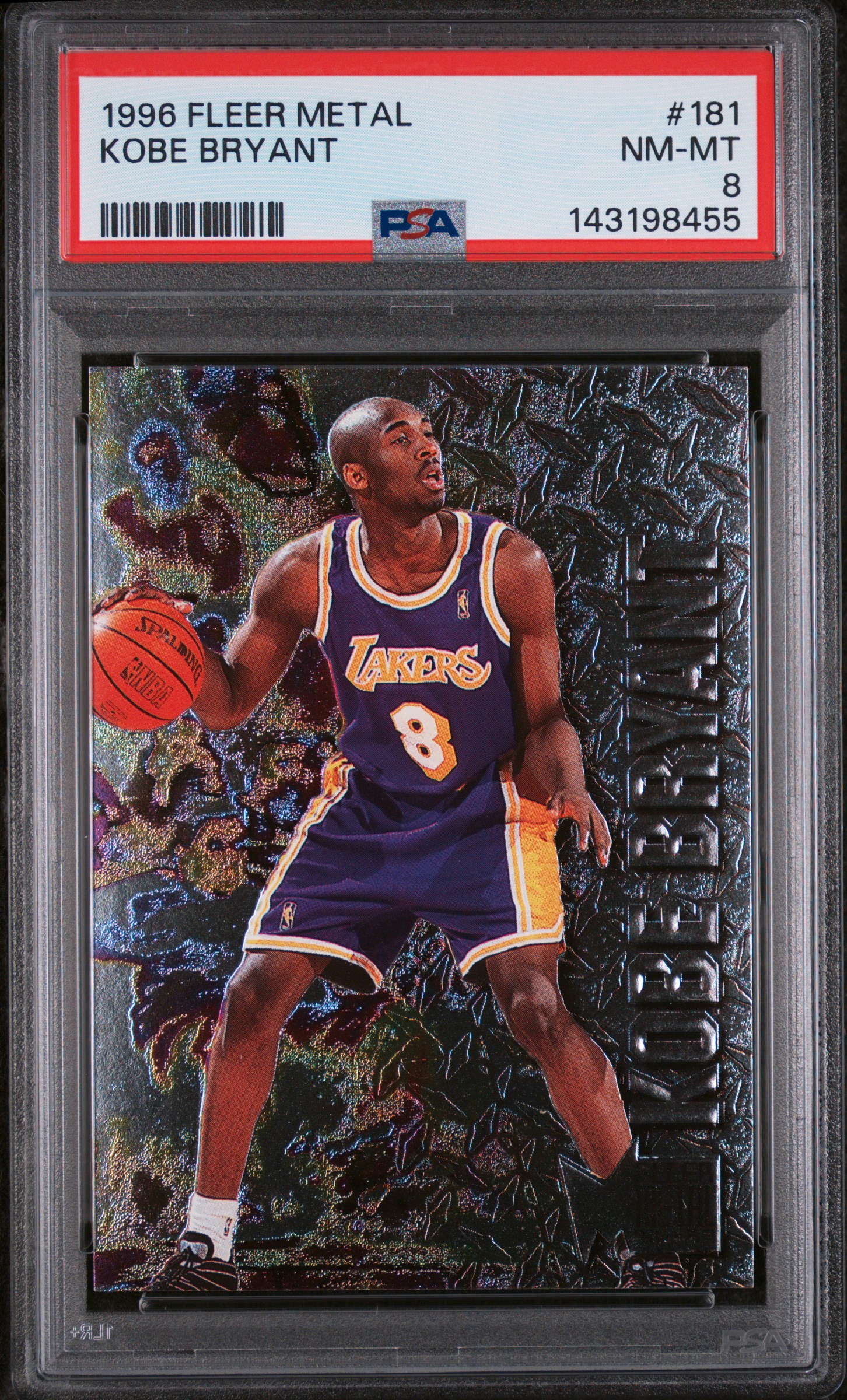 Kobe Bryant 1996 Fleer Metal Los Angeles Lakers Basketball RC Rookie Card #181 Graded PSA 8 Cert #143198455 Kobe Bryant 1996 Fleer Metal Los Angeles Lakers Basketball RC Rookie Card #181 Graded PSA 8 Cert #143198455