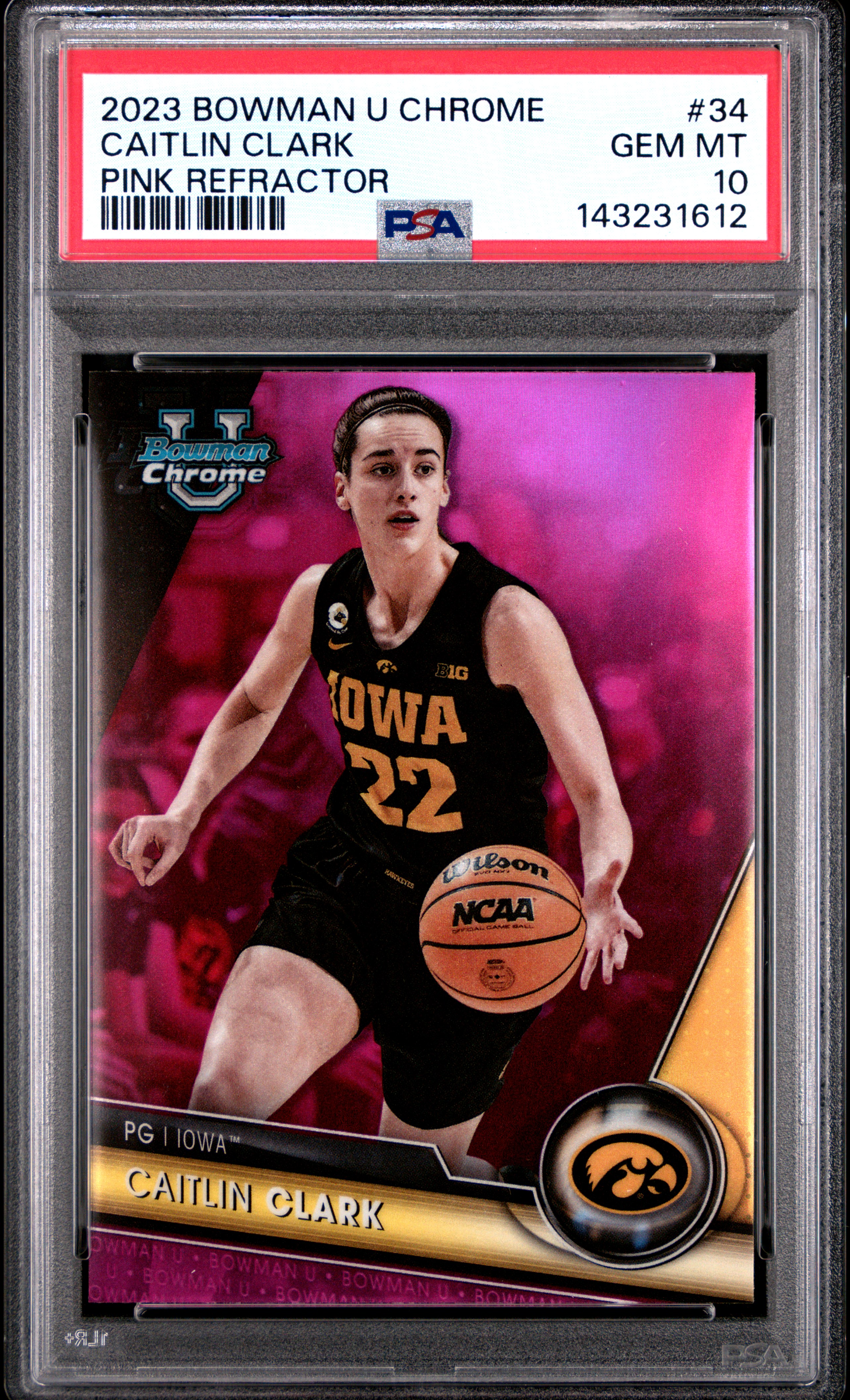 Caitlin Clark 2023 Bowman U Chrome Pink Refractor Iowa Hawkeyes Basketball Rookie Card #34 Graded PSA 10 Cert #143231612