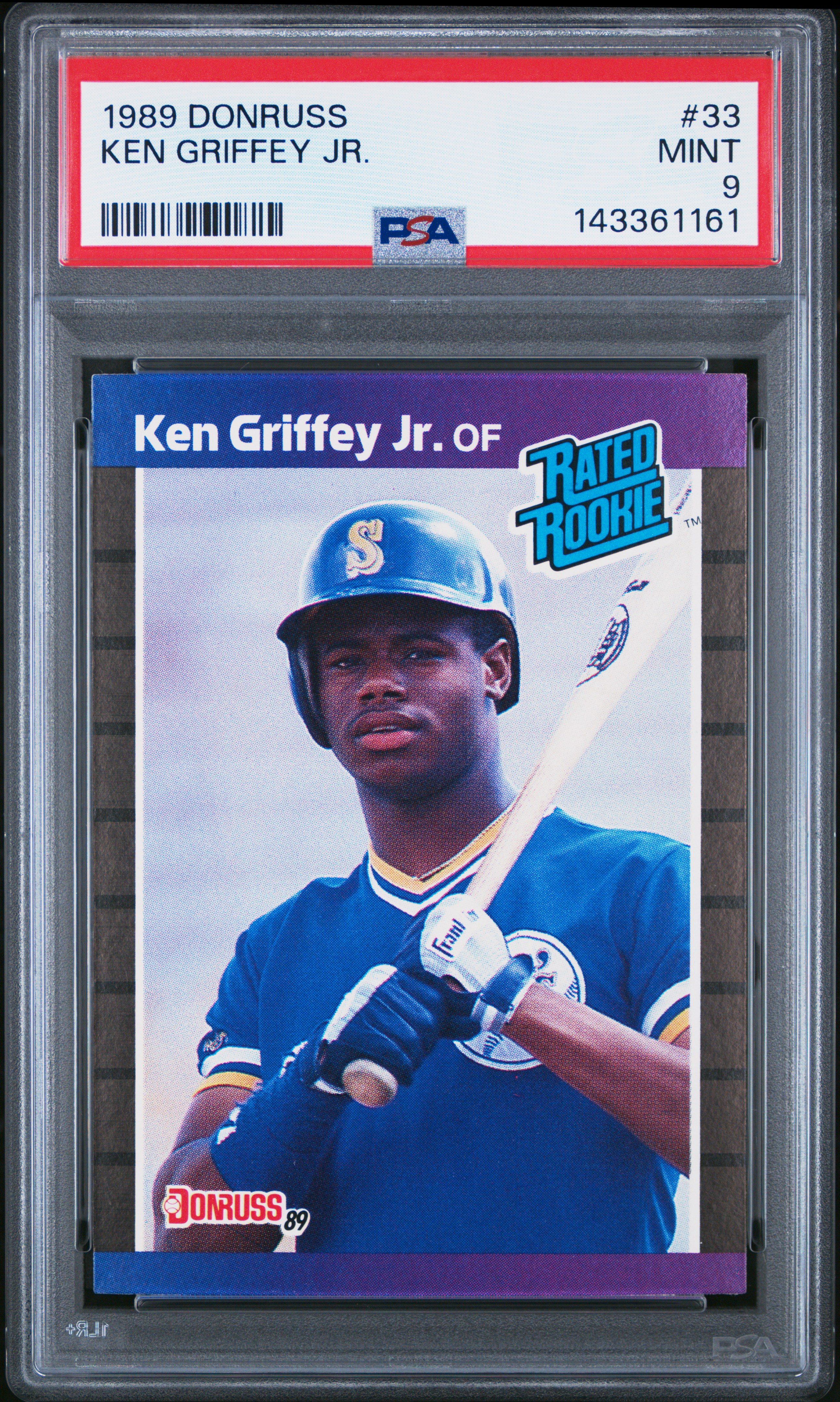 Ken Griffey Jr. 1989 Donruss Rated Rookie Seattle Mariners Baseball RC Rookie Card #33 Graded PSA 9 Cert #143361161 Ken Griffey Jr. 1989 Donruss Rated Rookie Seattle Mariners Baseball RC Rookie Card #33 Graded PSA 9 Cert #143361161