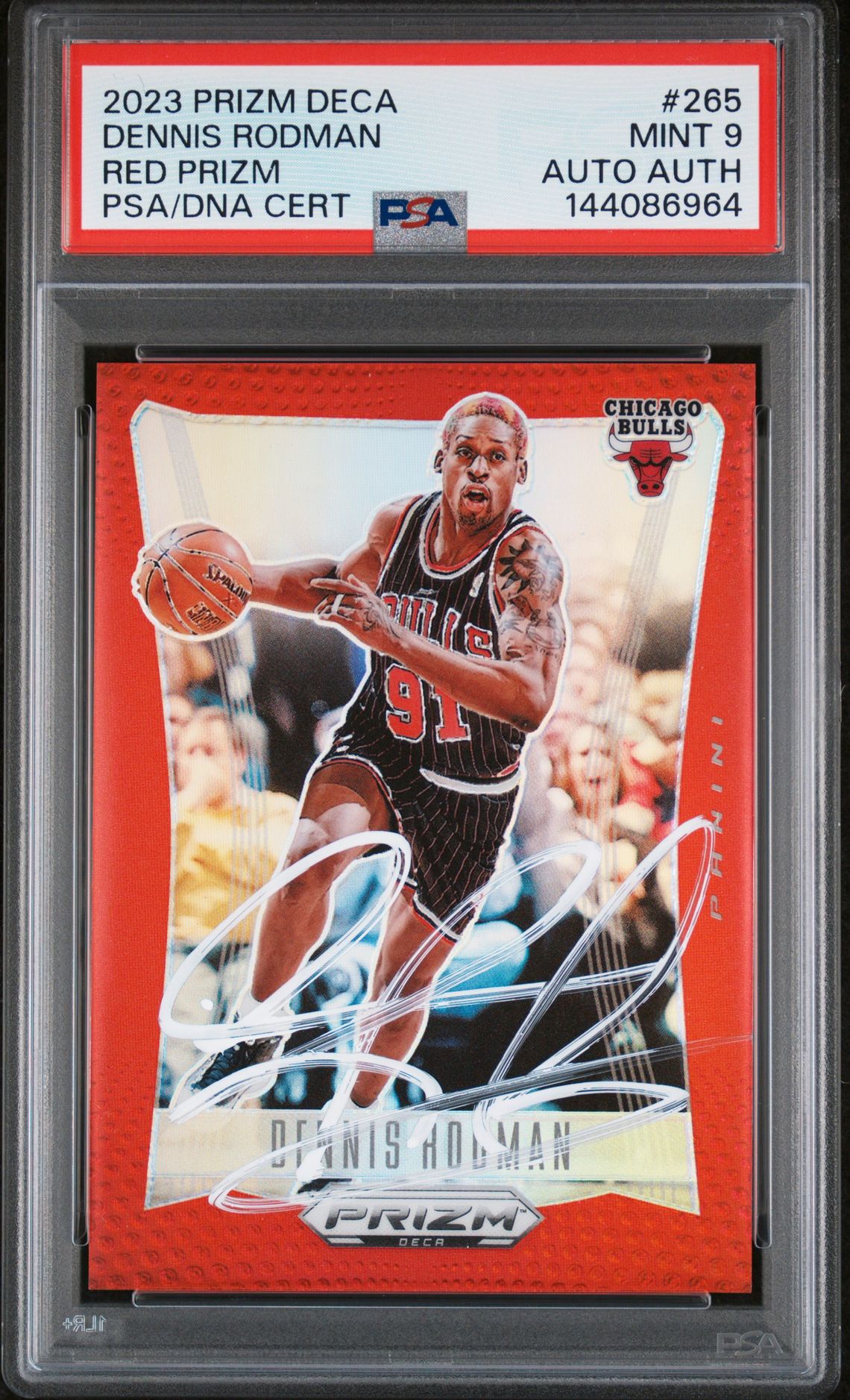 Dennis Rodman 2023 Panini Prizm Deca Red Chicago Bulls Signed Basketball Card #265 Authentic Auto Graded PSA 9 Cert #144086964 44/199