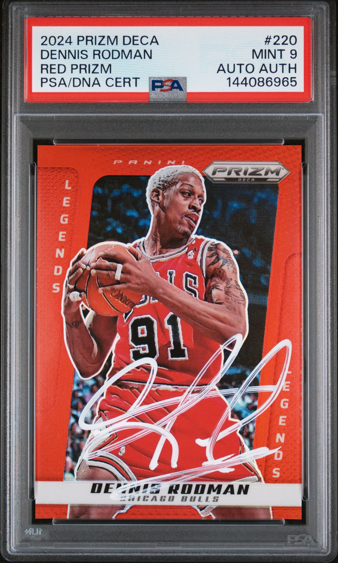 Dennis Rodman 2024 Panini Prizm Deca Red Chicago Bulls Signed Basketball Card #220 Authentic Auto Graded PSA 9 Cert #144086965 185/199