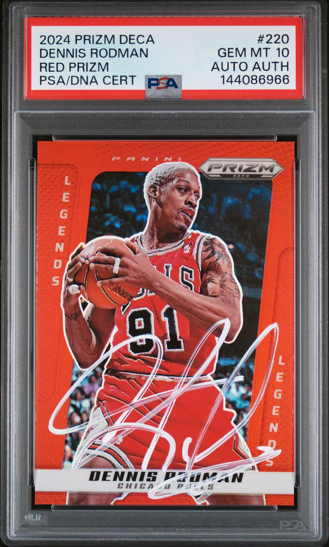 Dennis Rodman 2024 Panini Prizm Deca Red Chicago Bulls Signed Basketball Card #220 Authentic Auto Graded PSA 10 Cert #144086966 121/199