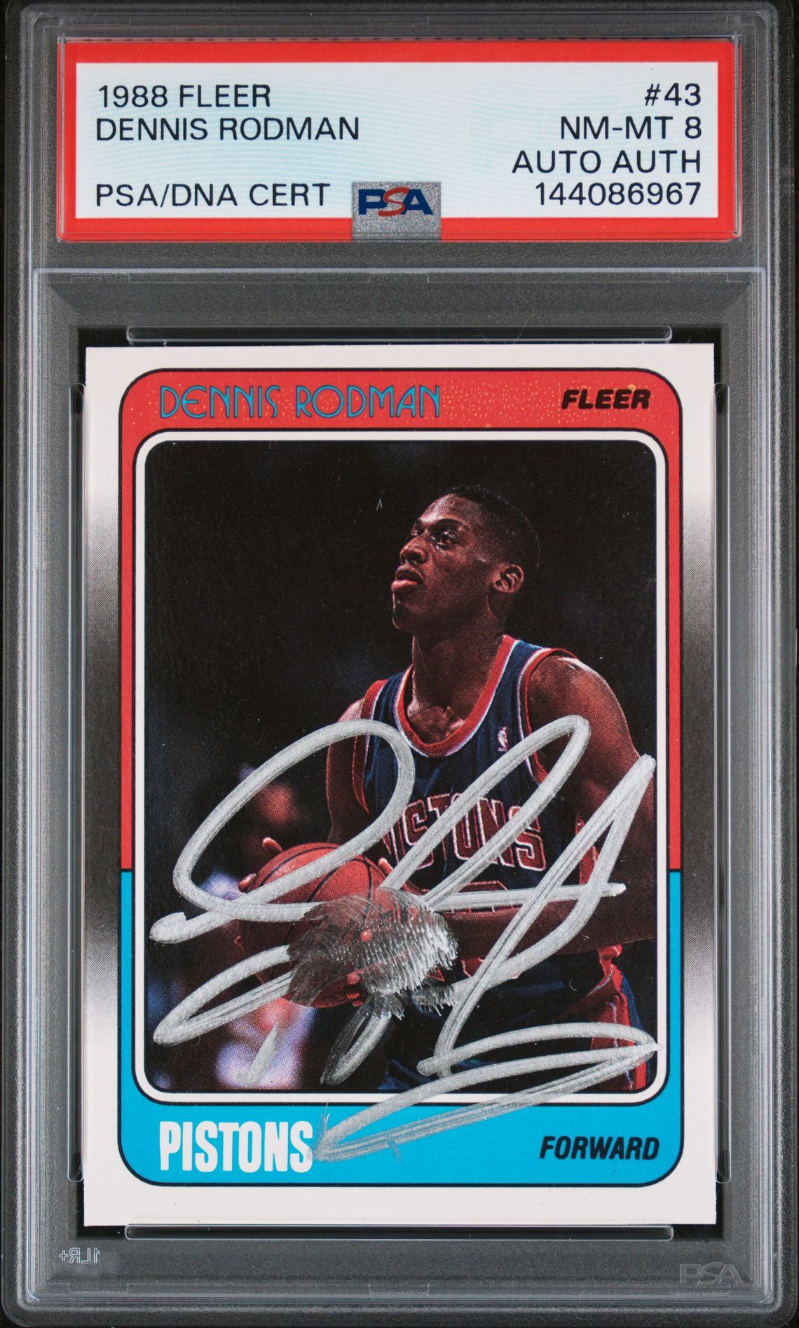 Dennis Rodman 1988 Fleer Detroit Pistons Signed Basketball Rookie Card #43 Authentic Auto Graded PSA 8 Cert #144086967