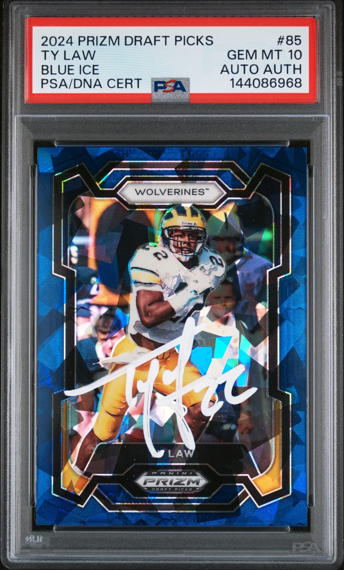Ty Law 2024 Panini Prizm Draft Picks Michigan Wolverines Signed Football Card #85 Blue Ice Authentic Auto Graded PSA 10 Cert #144086968 78/99