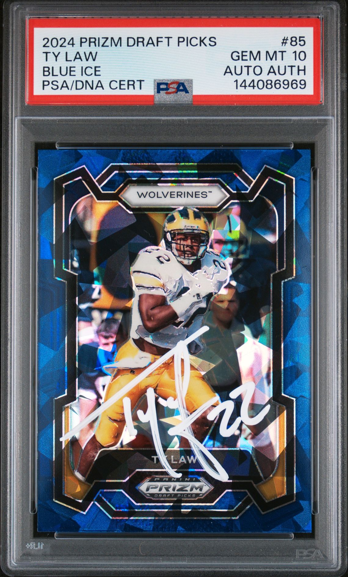 Ty Law 2024 Panini Prizm Draft Picks Michigan Wolverines Signed Football Card #85 Blue Ice Authentic Auto Graded PSA 10 Cert #144086969 72/99