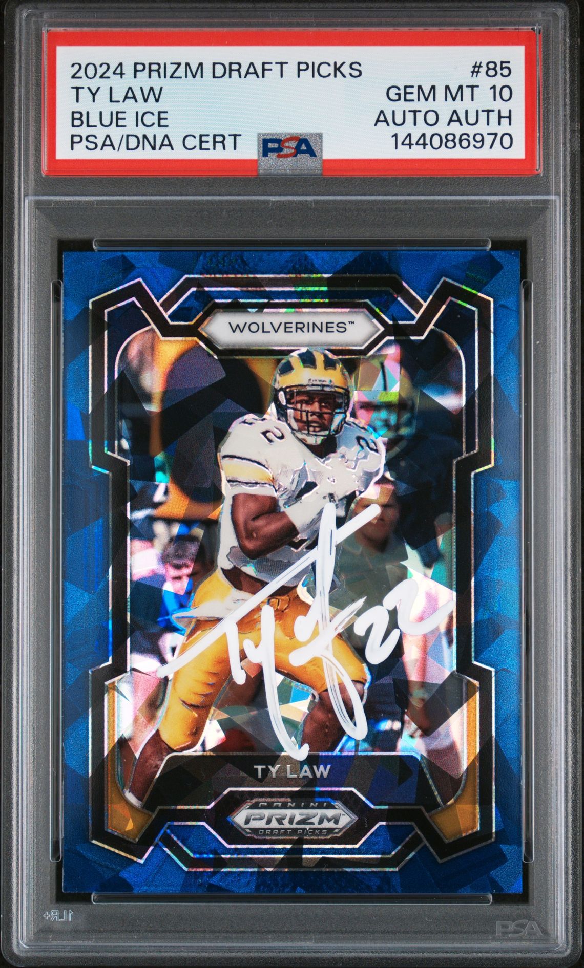 Ty Law 2024 Panini Prizm Draft Picks Michigan Wolverines Signed Football Card #85 Blue Ice Authentic Auto Graded PSA 10 Cert #144086970 8/99