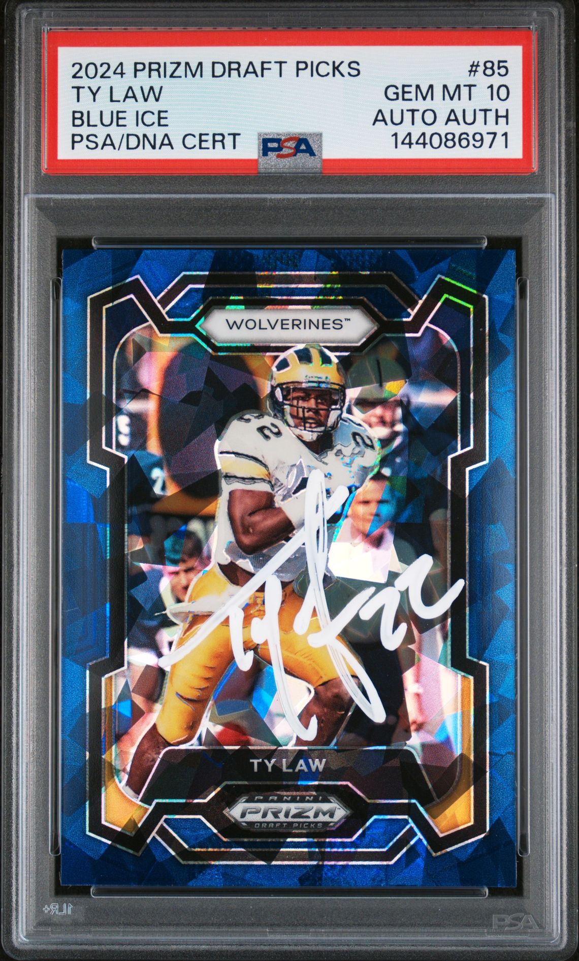 Ty Law 2024 Panini Prizm Draft Picks Michigan Wolverines Signed Football Card #85 Blue Ice Authentic Auto Graded PSA 10 Cert #144086971 59/99