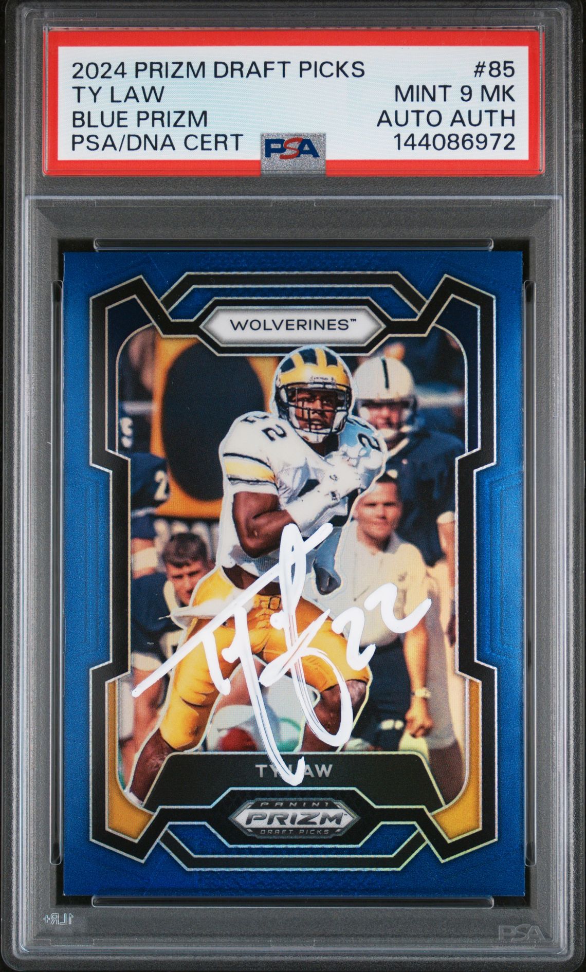 Ty Law 2024 Panini Prizm Draft Picks Michigan Wolverines Signed Football Card #85 Blue Prizm Authentic Auto Graded PSA 9 Cert #144086972 199/199