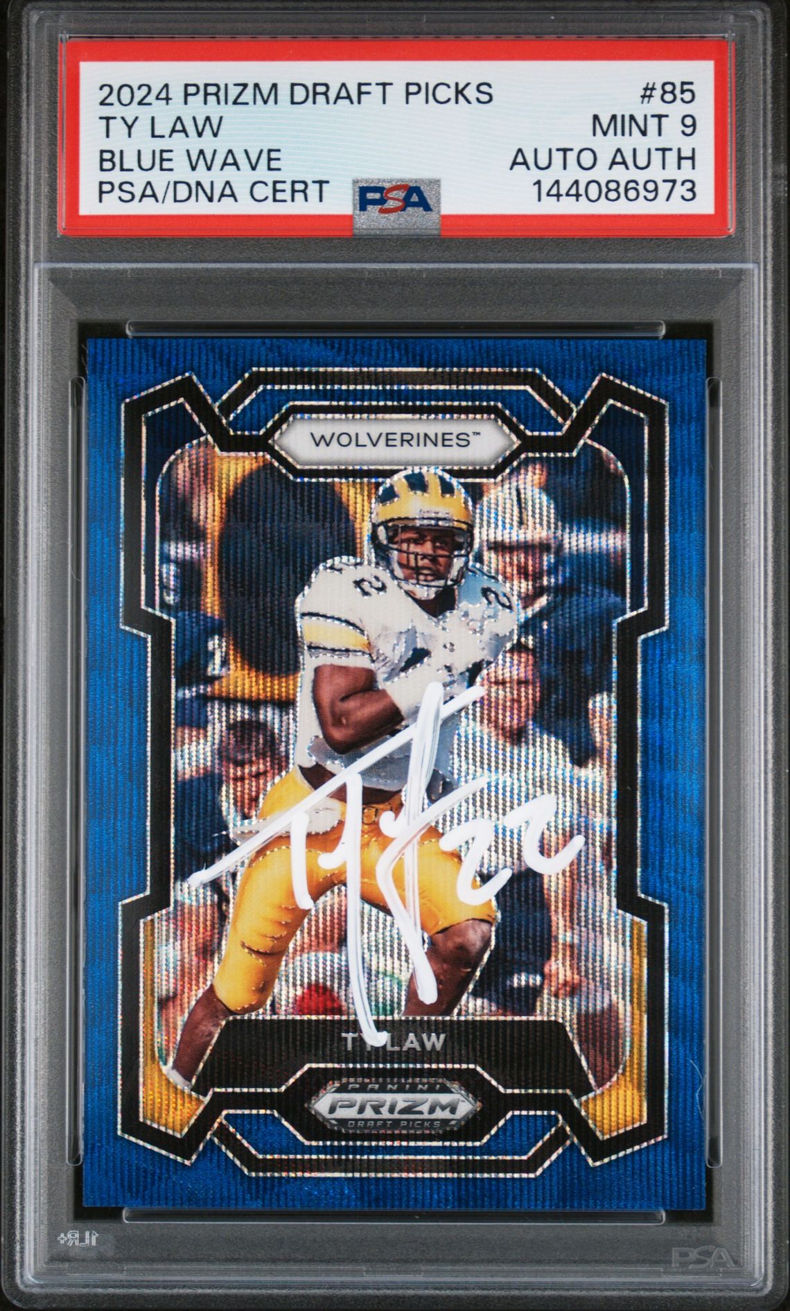 Ty Law 2024 Panini Prizm Draft Picks Michigan Wolverines Signed Football Card #85 Blue Wave Authentic Auto Graded PSA 9 Cert #144086973 244/249