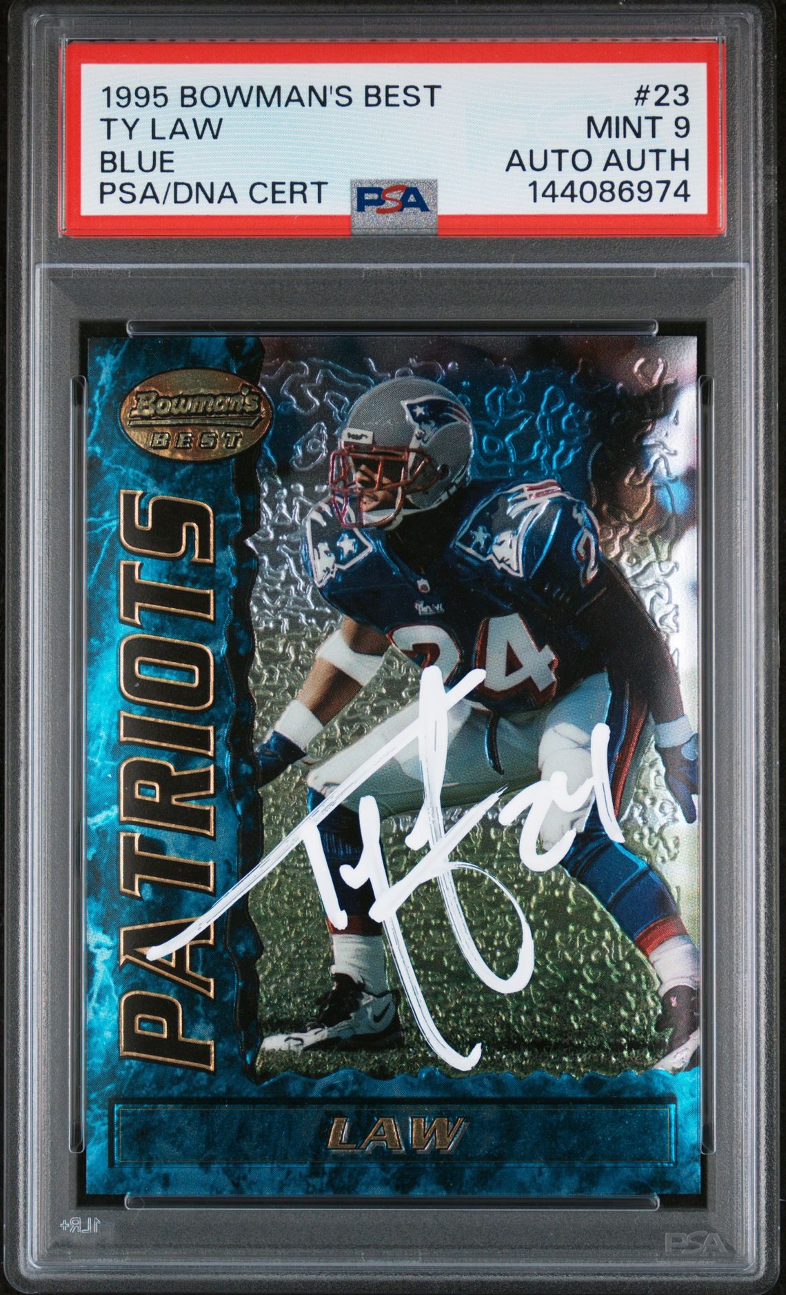 Ty Law 1995 Bowman's Best Blue New England Patriots Signed Football RC Rookie Card #23 Authentic Auto Graded PSA 9 Cert #144086974